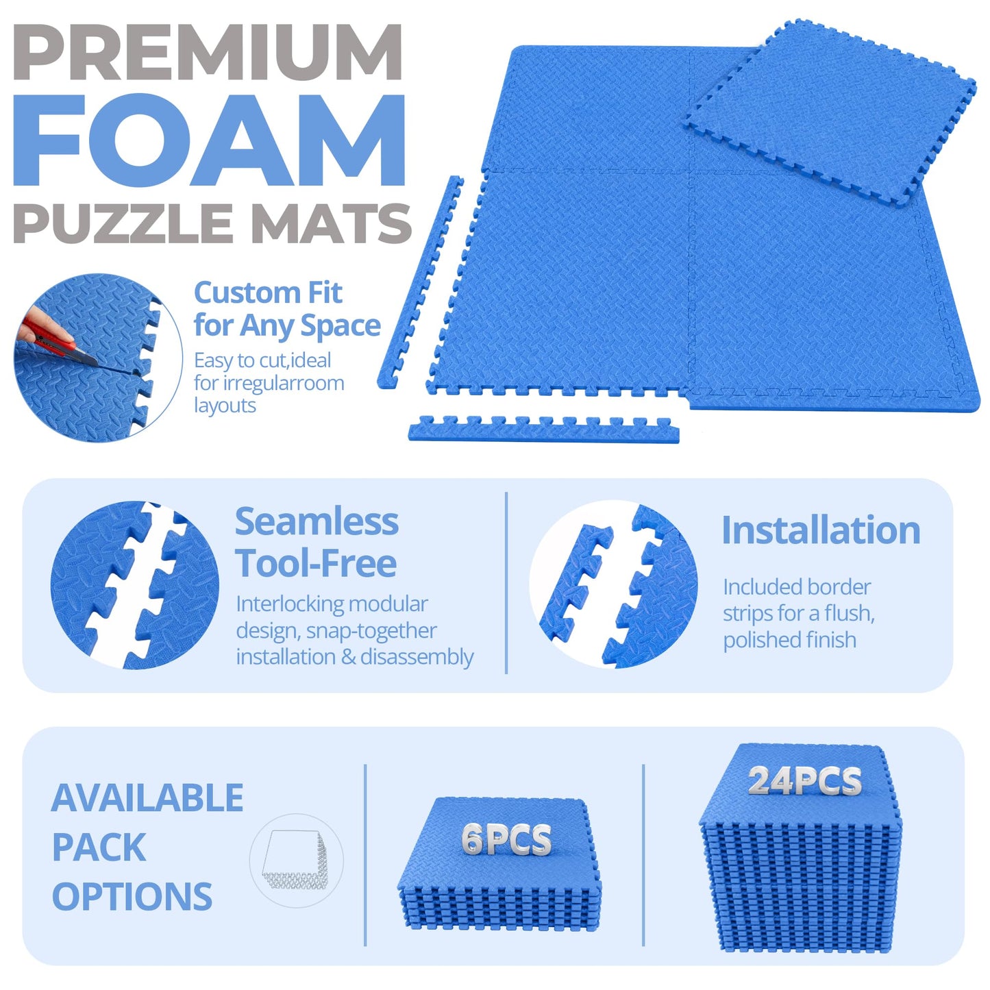 HulkFit Puzzle Exercise Mat, 3/4 Inch EVA Interlocking Foam Gym Flooring for Home Gym, Garage, Apartments, High-Density Shock-Absorbing Floor Tiles for Workout Equipment, MMA, Gymnastics, 6 Tiles