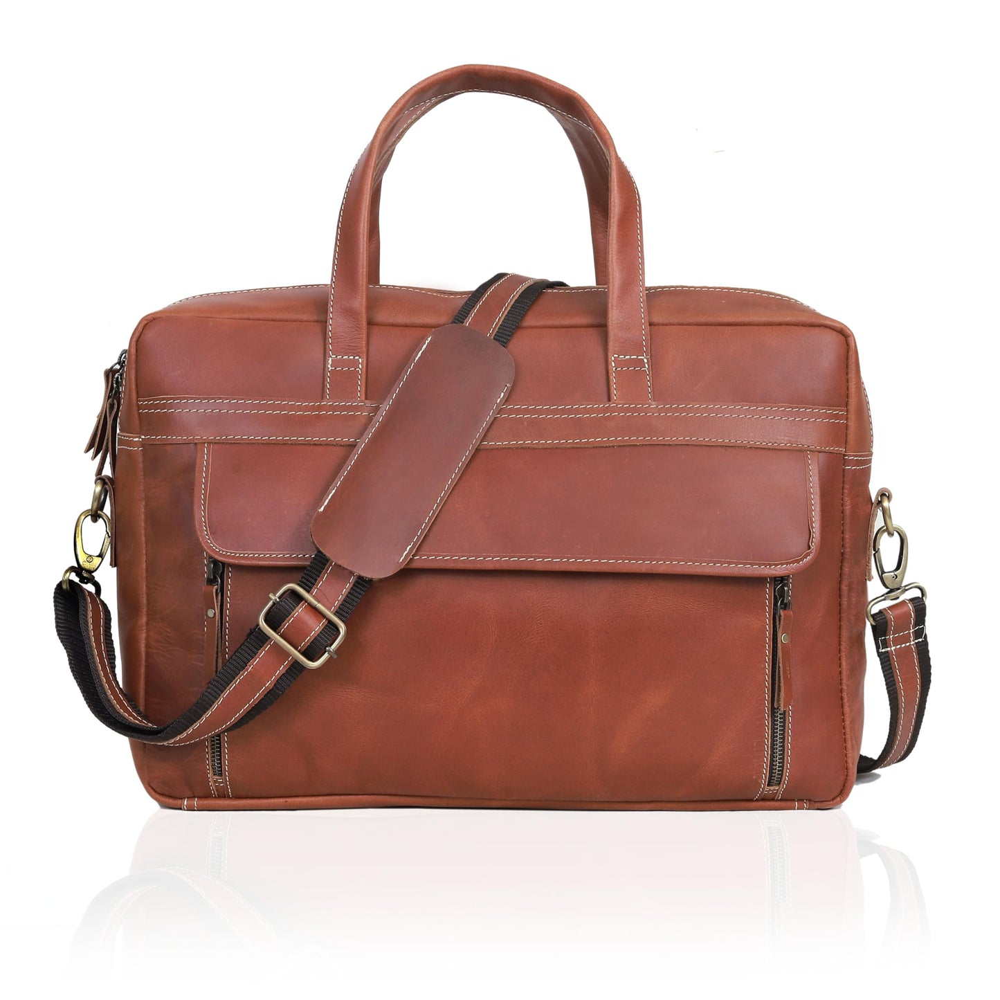 HLC 18 Inch Full Grain Leather Briefcase messenger shoulder bags for men and women (tan, 16 inch)