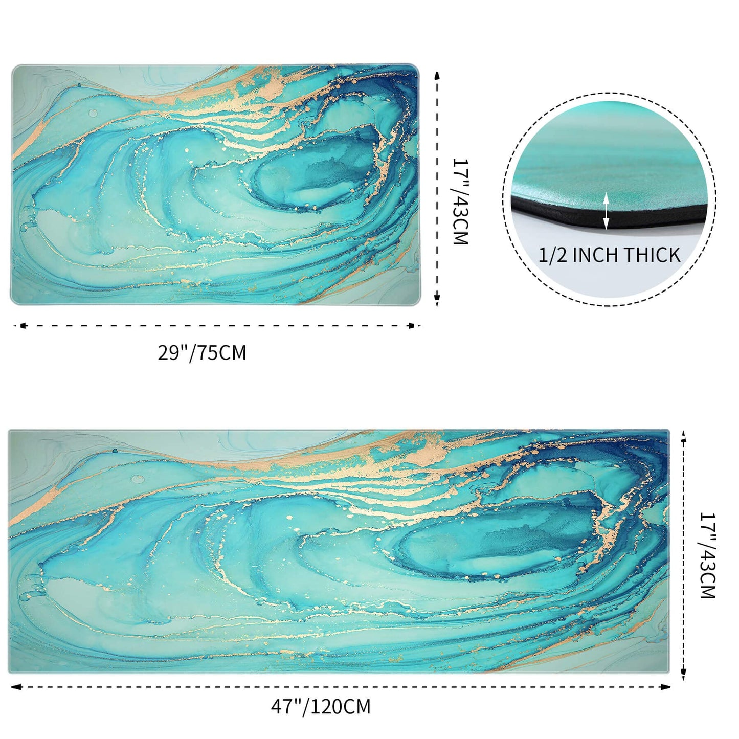 MAYHMYO Kitchen Rugs and Mats Set of 2 Teal Marble Gold Anti Fatigue Mat PVC Non Slip Turquoise Foam Cushioned Kitchen Mats for Floor Dining Room Home Office Sink Laundry