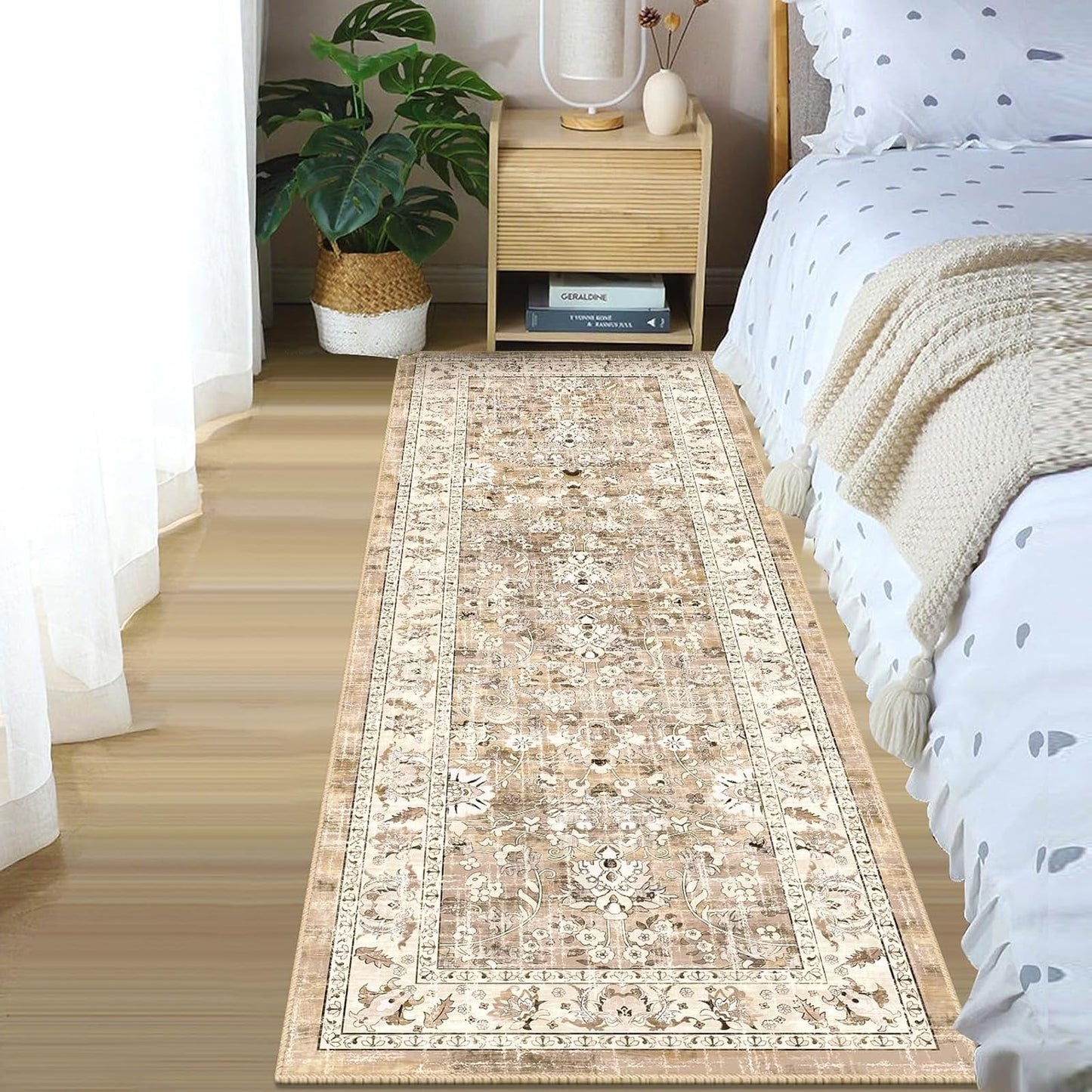 LOKHOM Washable Runner Rug, 2x6 Non-Slip Vintage Hallway Runner Rug with Rubber Backing, Boho Floral Soft Faux Wool Kitchen Rug Carpet Runner for Kitchen Laundry Entryway Bedroom (Beige Brown)