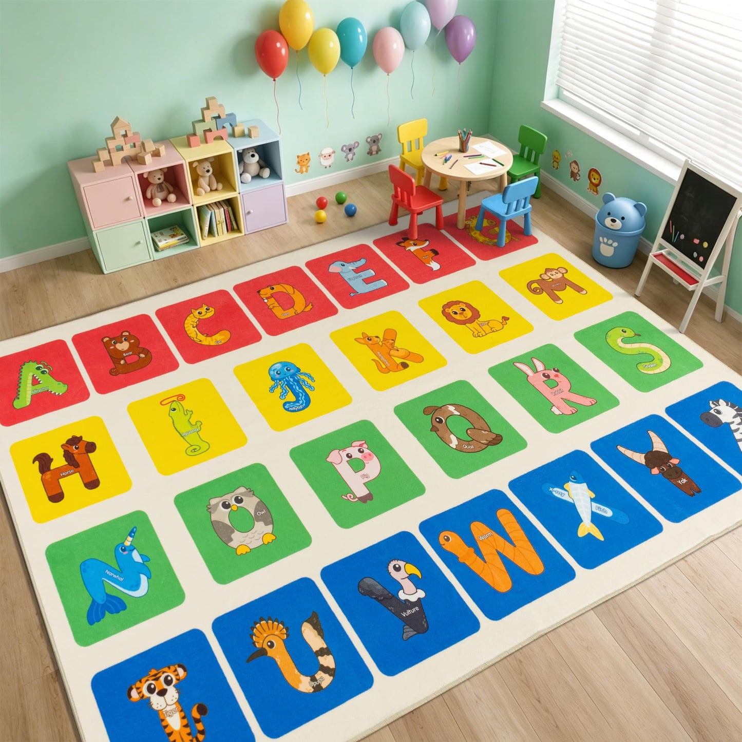 WISH TREE Animal Shaped ABC Classroom Rug, 6' x 9' Soft Non-Slip Low Pile Alphabet Learning Rug with Rubber Backing, Kids Educational Rug for Preschool Kindergarten Playroom