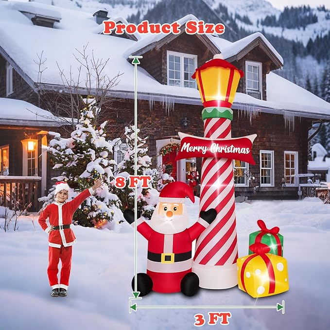8Ft Christmas Decorations Outdoor Inflatables Giant Santa Claus Stands Under The Lighthouse with Gift Box, Blow Up Built-in LED Lights for Party Outdoor Garden Indoor Yard Lawn