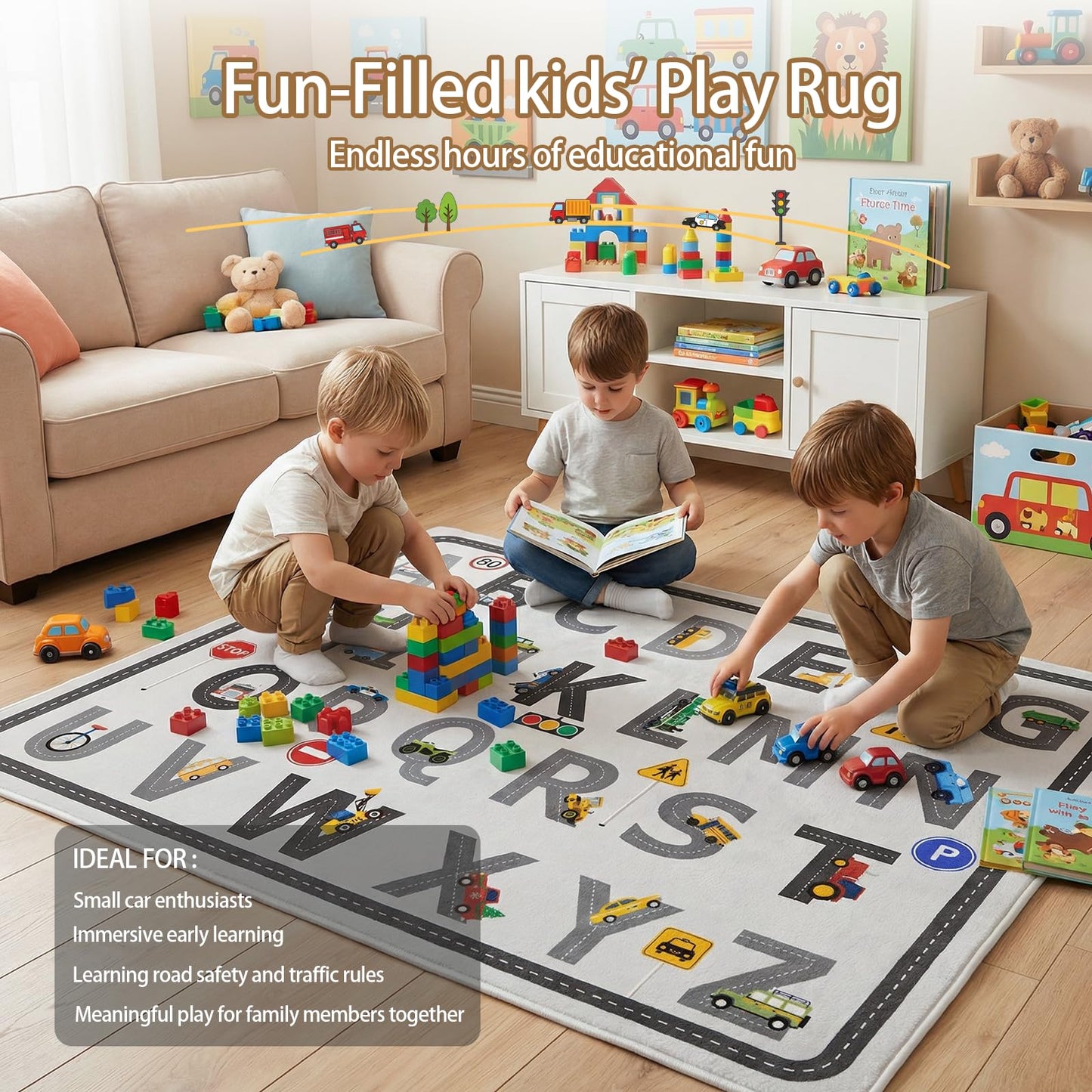 5x7 Ft ABC Alphabet Educational Area Rug for Children Toddler Girls Boys Leaning, Car Rug Play Mat for Kids Room, Playroom, Classroom, Nursery, Daycare, Non-Slip & Thick Faux Wool Kids Carpet-Washable
