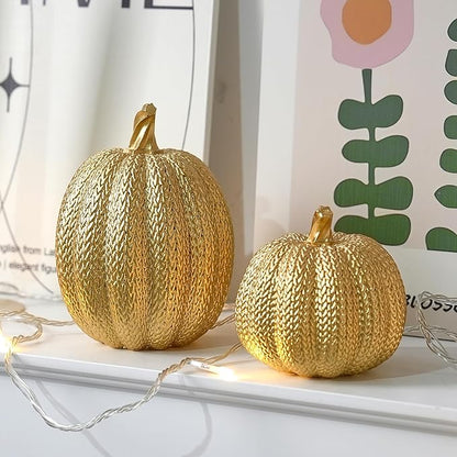 Pumpkin Fall Decor Indoor - Gold Pumpkin for Decorating, 2Pcs Resin Pumpkins Decor with Woven Effect, Thanksgiving Table Centerpiece, Fireplace, Autumn Harvest Party Decorations