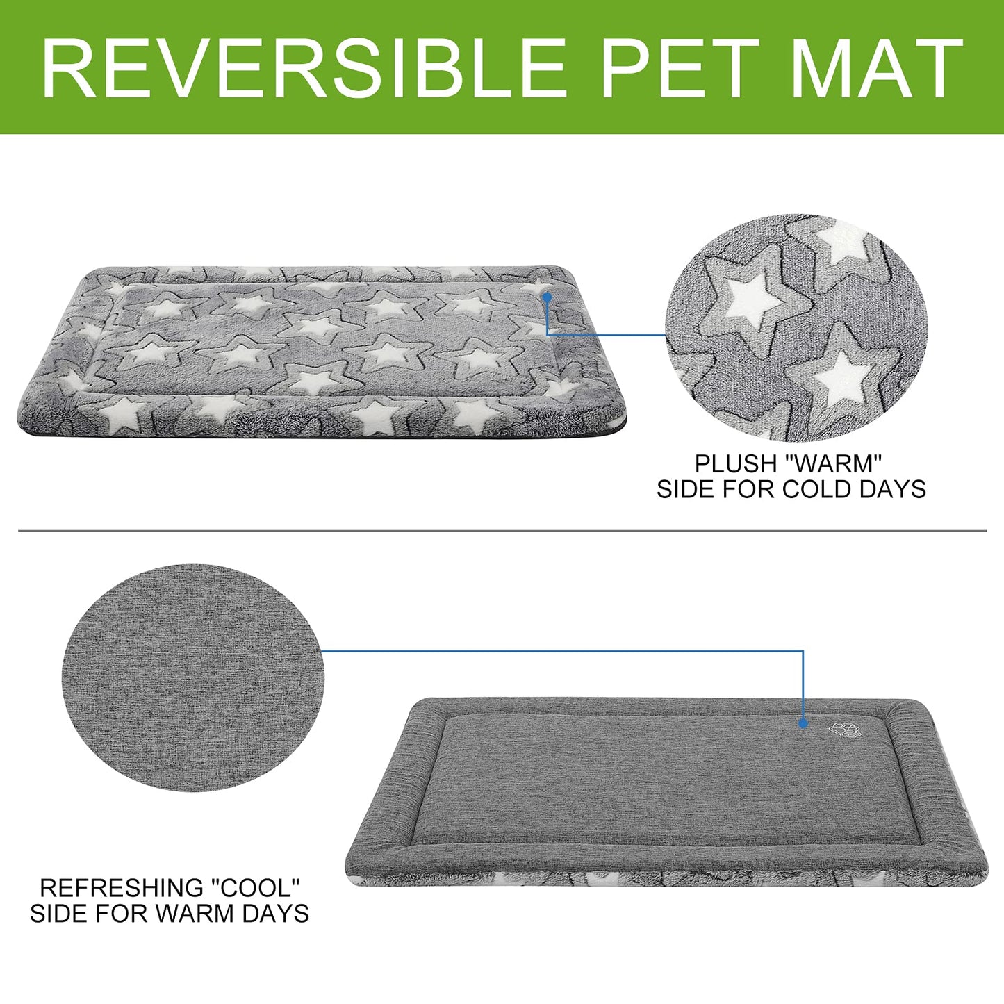 EMPSIGN Dog Crate Pad - Reversible Kennel Mat (Cool & Warm), Machine Washable, Cozy Star Pattern Sleeping Pad for Small Medium Large Dogs, All-Season Pet Bed, Suitable for 42"x28" Dog Crate, Grey
