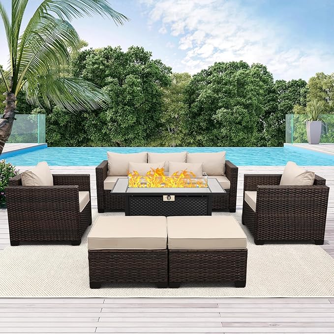 6 Pieces Outdoor Furniture 60000BTU Outdoor Propane Fire Pit Wicker Patio Furniture Set 45" Steel Fire Table Anti-Slip Cushions Waterproof Covers, Khaki