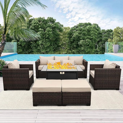6 Pieces Outdoor Furniture 60000BTU Outdoor Propane Fire Pit Wicker Patio Furniture Set 45" Steel Fire Table Anti-Slip Cushions Waterproof Covers, Khaki