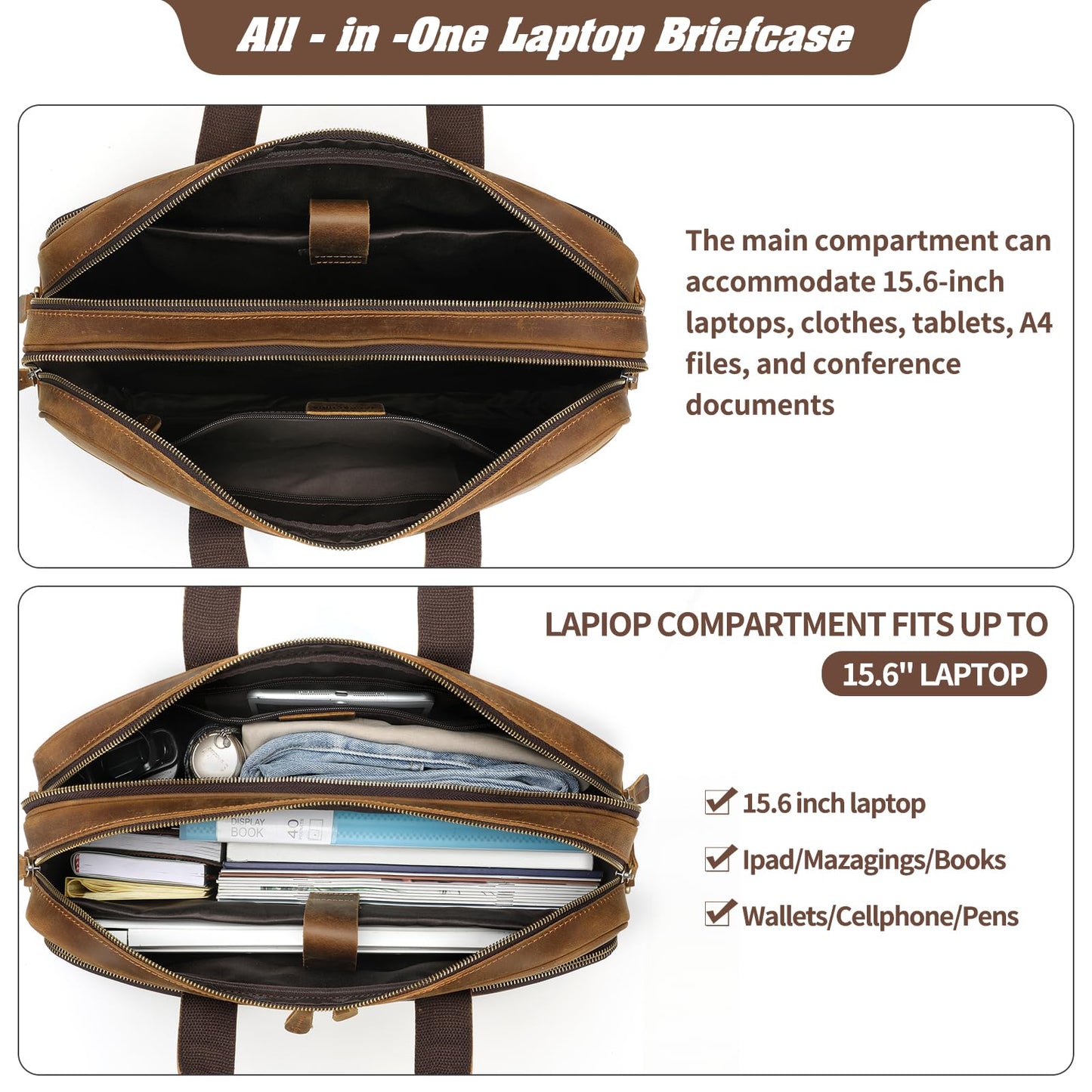 Jack&Chris Full Grain Leather Briefcase for Men,Business Messenger Bag Laptop Bag Attache Case 15.6"