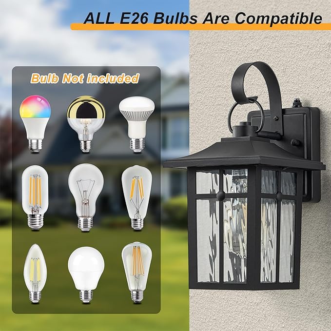 2 Pack Dusk to Dawn Outdoor Wall Lights, Aluminum Exterior Light Fixtures Wall Mount with Ripple Glass, Waterproof Black Porch Lights, Outside Wall Lantern for Entryway, Garage, Patio