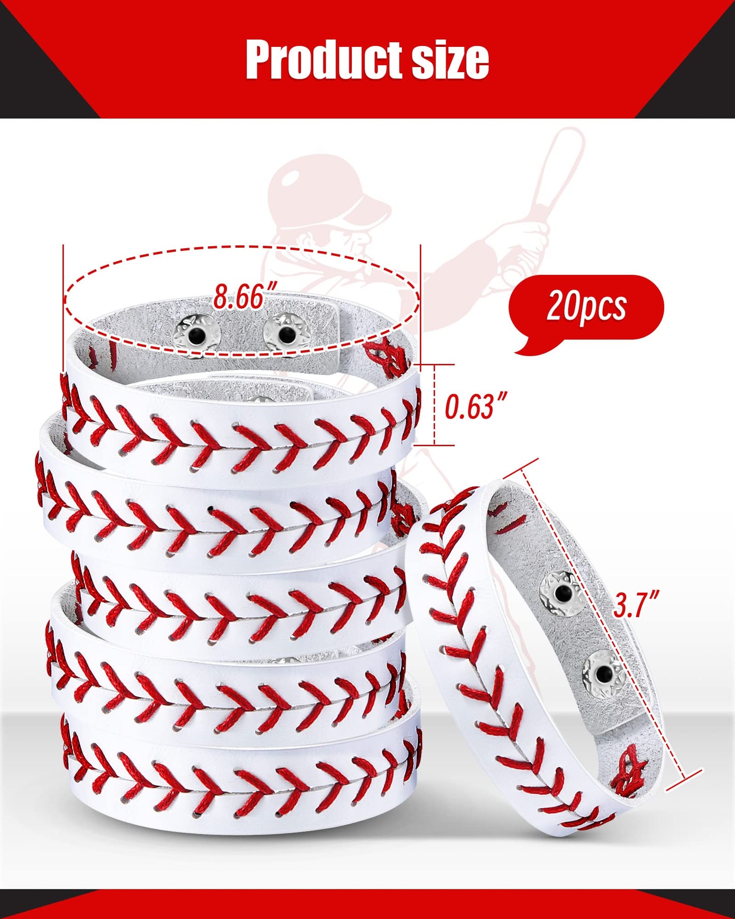 Retrowavy Genuine Leather Baseball Bracelet Baseball Party Favors Gifts Sport Wristbands Team Theme Birthday Gift for Teens(20 Pcs)
