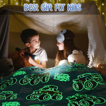 Monster Car Truck Gifts for Boys - Glow in The Dark Trucks Blanket Toys for Birthday Christmas Valentines Easter Presents for Kids Toddler Ages 2 3 4 5 6 7 8 9 10 11 12 13 Years Old Soft Throw 50"x60"
