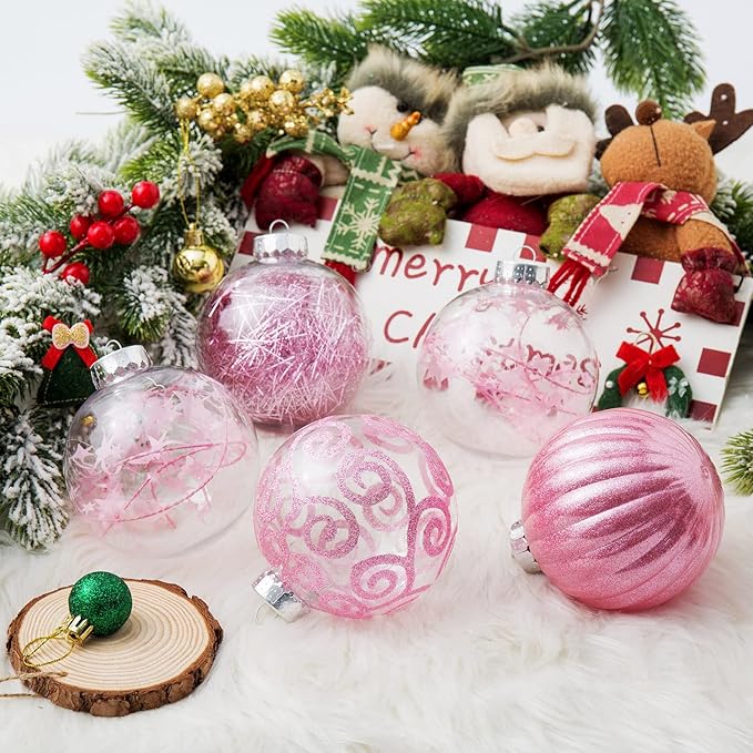 XmasExp 8ct Christmas Ball Ornaments Set -Large Clear Plastic Shatterproof Xmas Tree Ball Hanging Baubles Stuffed Delicate Glittering for Holiday Wedding Xmas Party Decoration (100mm/3.94",Pink)