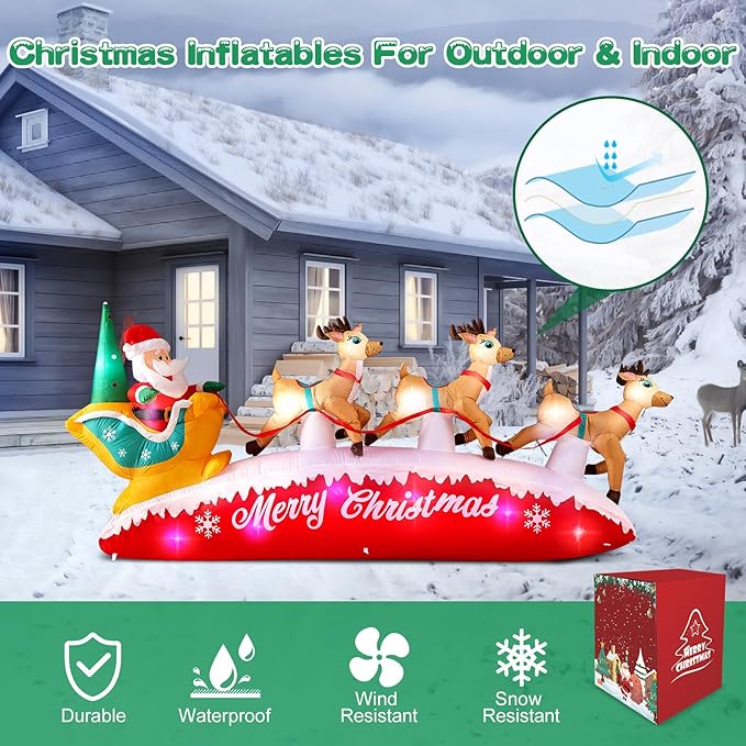 Danxilu Christmas Inflatables 10 FT Long Santa Sleigh with Reindeer Outdoor Decorations, Built-in Colorful LEDs Santa Claus Deer Sled Blow Up Yard Decoration for Outside Lawn Holiday Xmas Decor