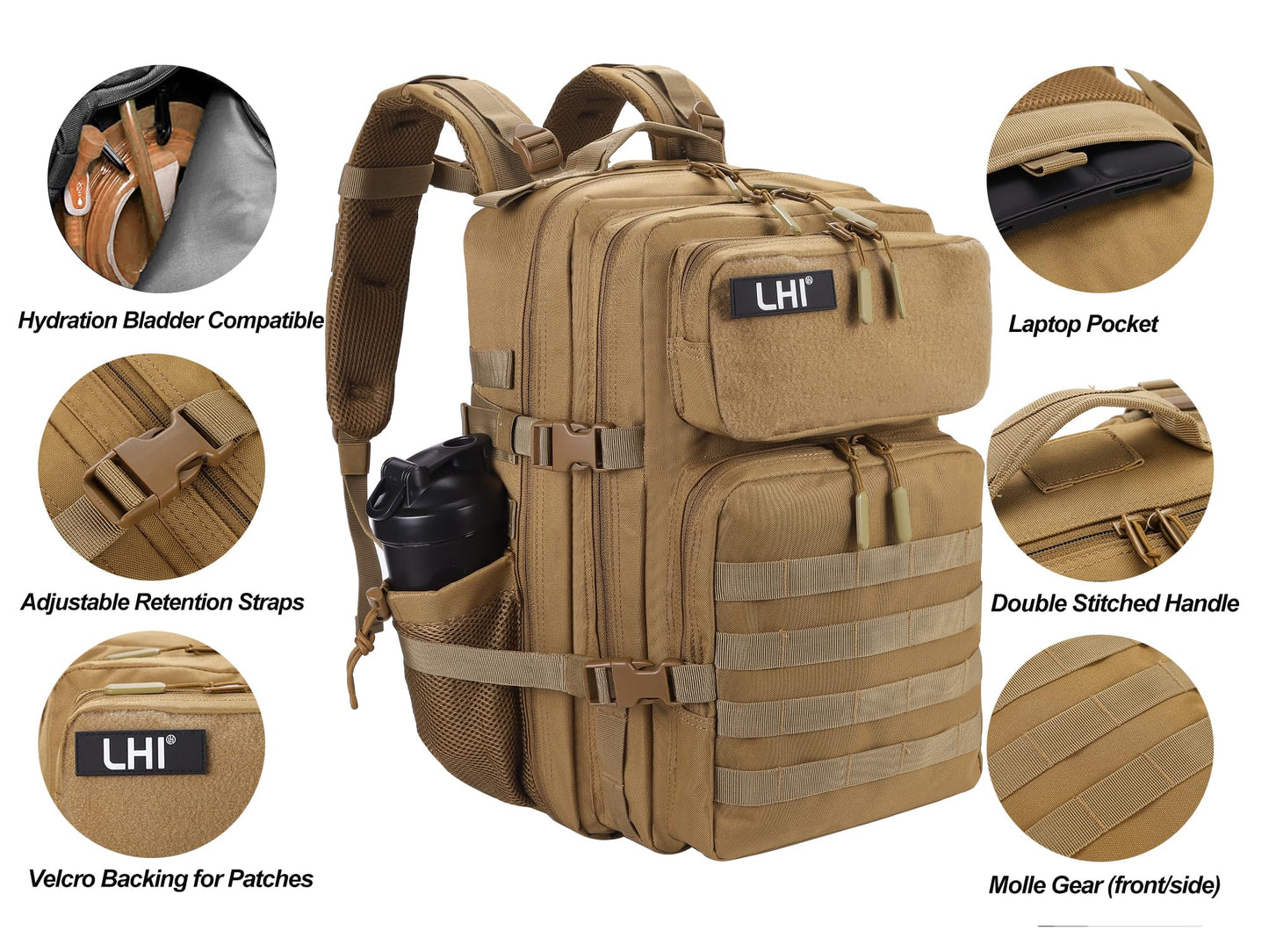 LHI Military Tactical Backpack for Men and Women 45L Army 3 Days Assault Pack Bag Large Rucksack with Molle System