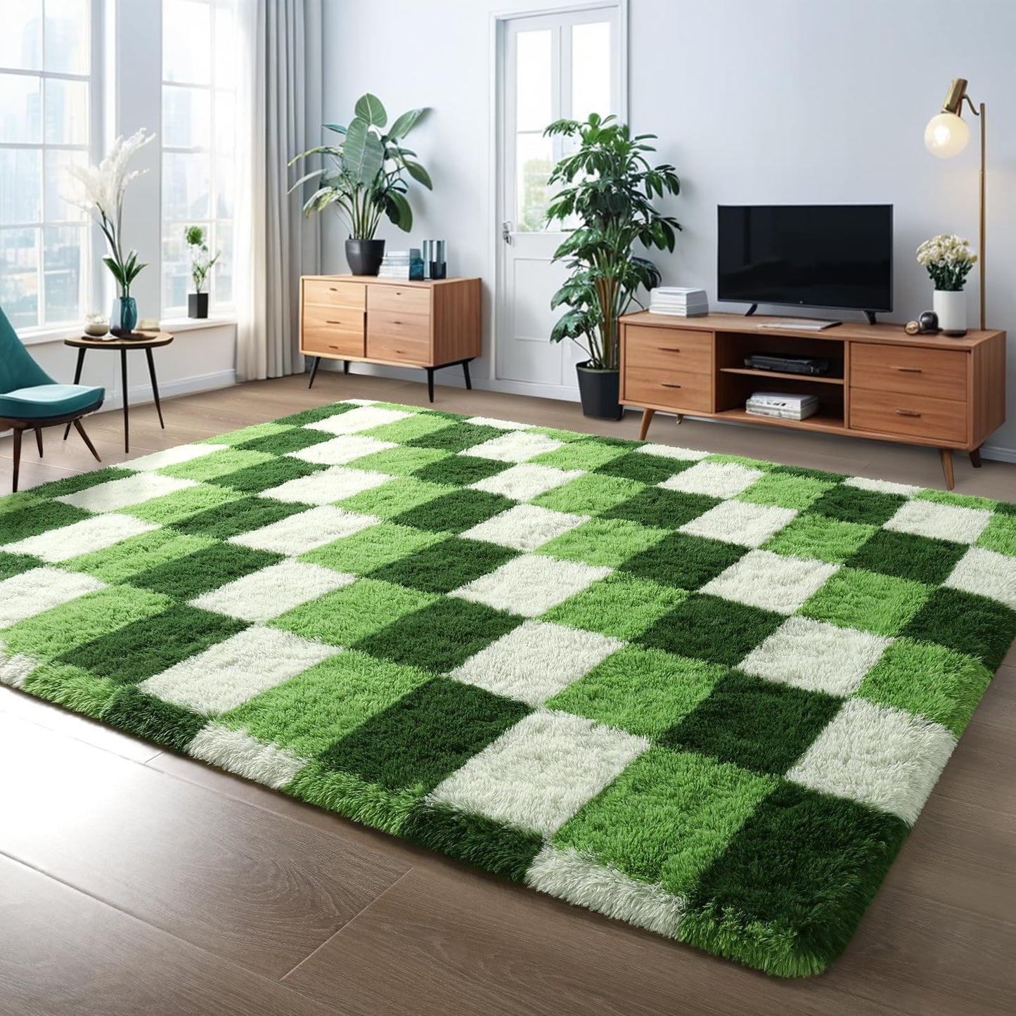 Nuttumico Modern Checkerboard Rug for Living Room Bedroom, 4x6 Ft Green Checkered Fluffy Carpet, Thickened Memory-Foam Area Rug for Kids Nursery Dorm, Home Decor, Anti-Slip and Easy to Clean
