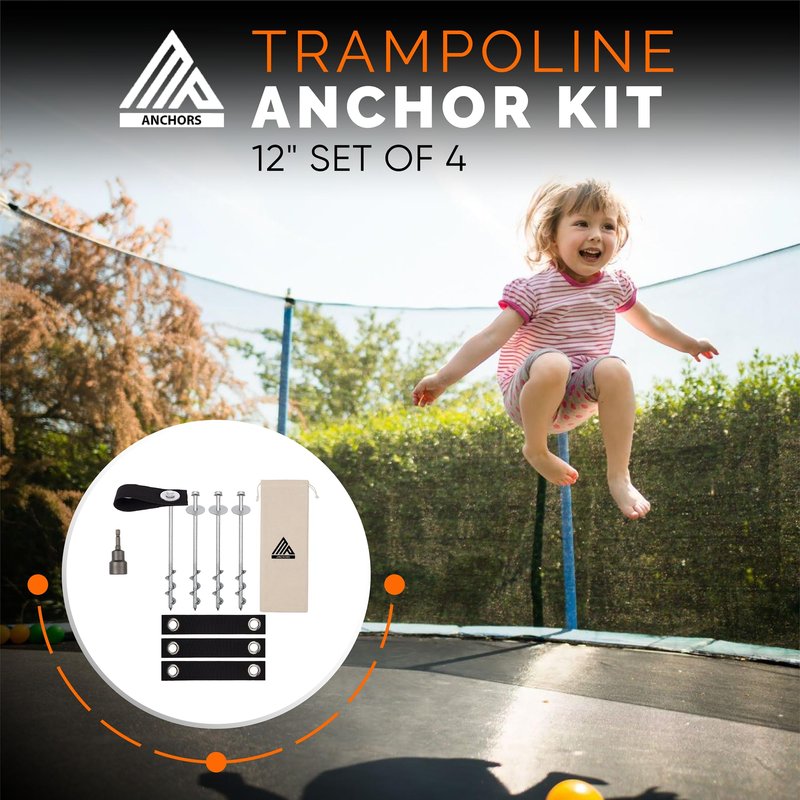 Trampoline Anchors High Wind Heavy Duty 12" Set of 4/6/8 with Straps, Drill Bit - Trampoline Anchor Kit - Trampoline Stakes Anchors High Wind - Ground Anchors - Trampoline Wind Stakes - Ground Stakes