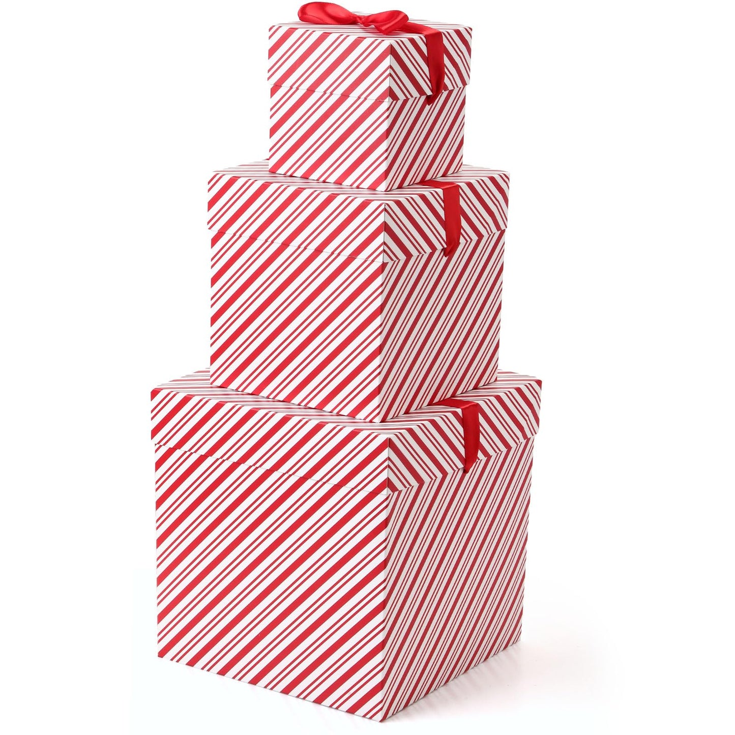TecUnite 3 Pcs Christmas Nesting Gift Boxes Candy Cane Striped Christmas Stackable Boxes Decorative with Lids for Present Wrapping Xmas New Year Holiday Party Decor(Red White Stripe)