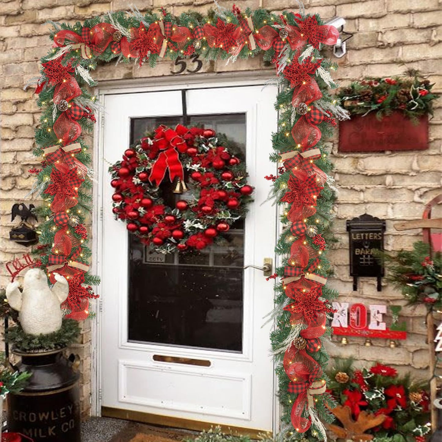 prelit 6 feet Christmas Garland with 30 LED Lights,Buffalo Plaid Christmas Decoration,Holiday Mantel Garland,red and Black Xmas Porch Decor,Fireplace Decor,Lighted Farmhouse Garland with Timer