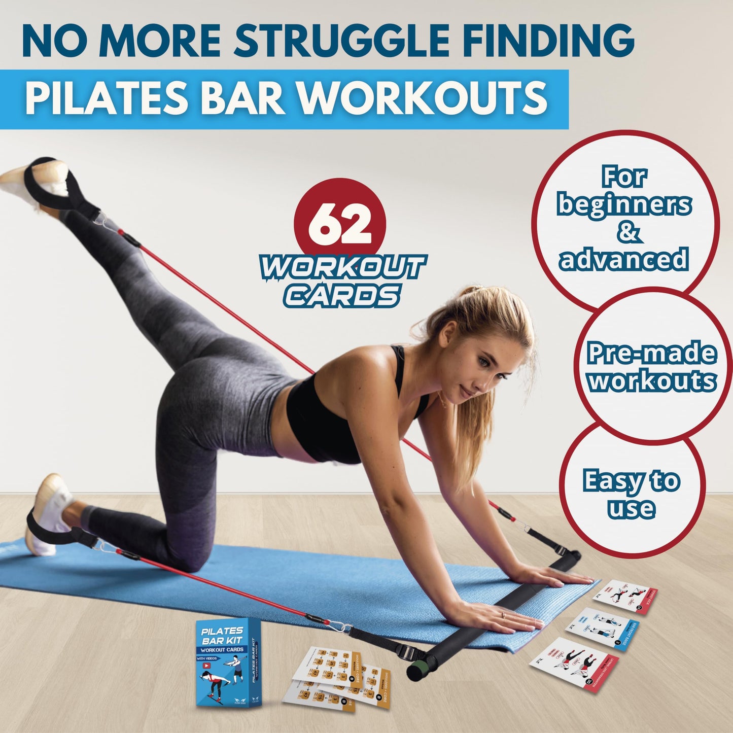 Pilates Bar Kit Workout Cards – 62 Exercise Cards Deck with Videos & Workout Plan - Includes 8-Week Challenge, Chart & 2 Rings for Easy Organization - Home Exercise Bar Guide for Women & Men