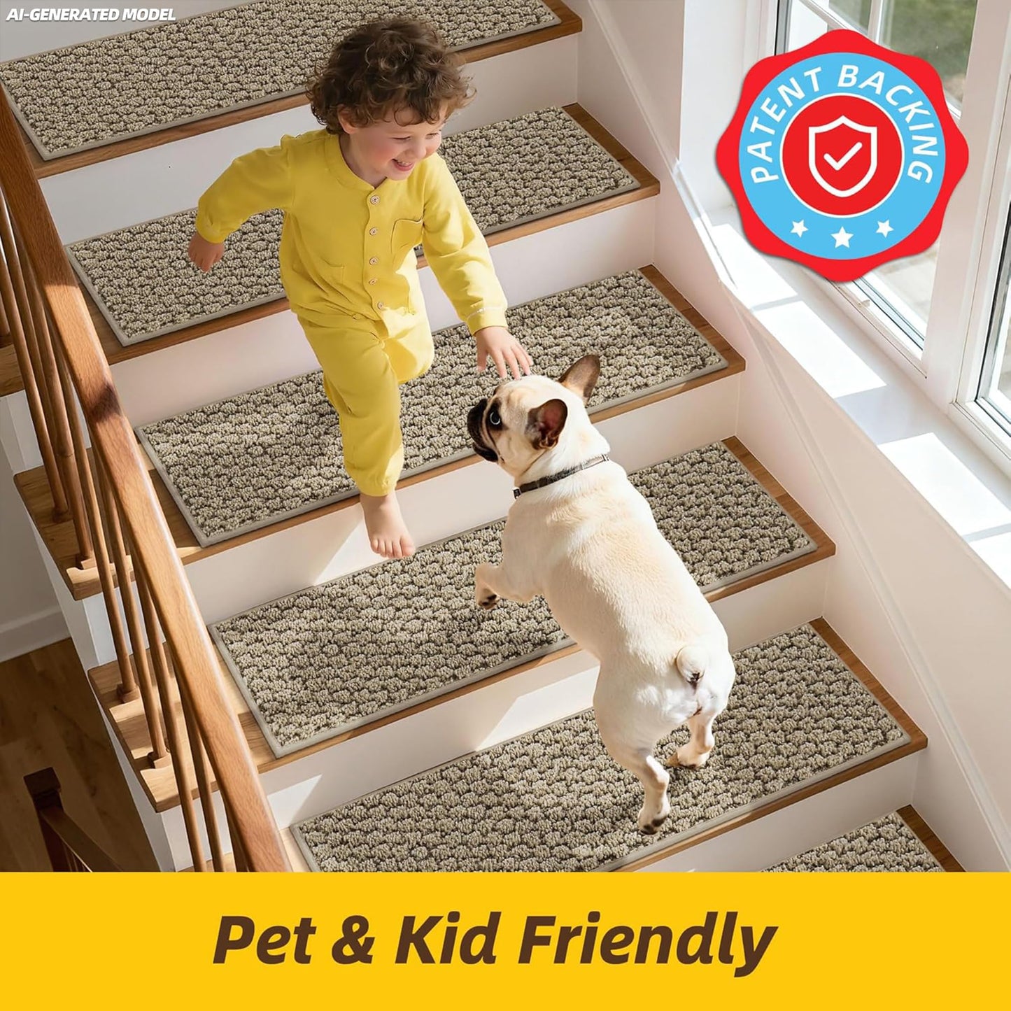 JSEI Stair Treads for Wooden Steps, 14 Pack 9" X 28" Non-Slip Machine Washable Carpet Stair Treads with TPE Backing, Soft Indoor Stair Rug Runner for Kids Elders & Pets, 100% Polyester, Beige