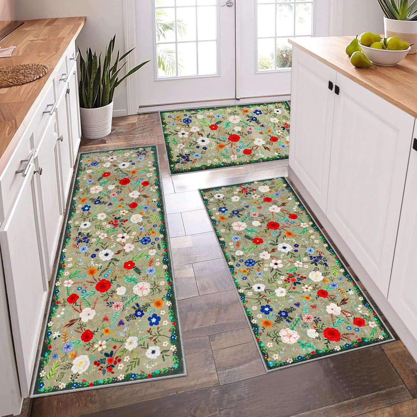 PCSWEET HOME Floral Kitchen Rugs Sets of 3 Non Slip Kitchen Rugs and Mats Washable Farmhouse Kitchen Rugs Spring Floral Kitchen Floor Mat Carpet Runner Rugs for Hallway Laundry Room, Green