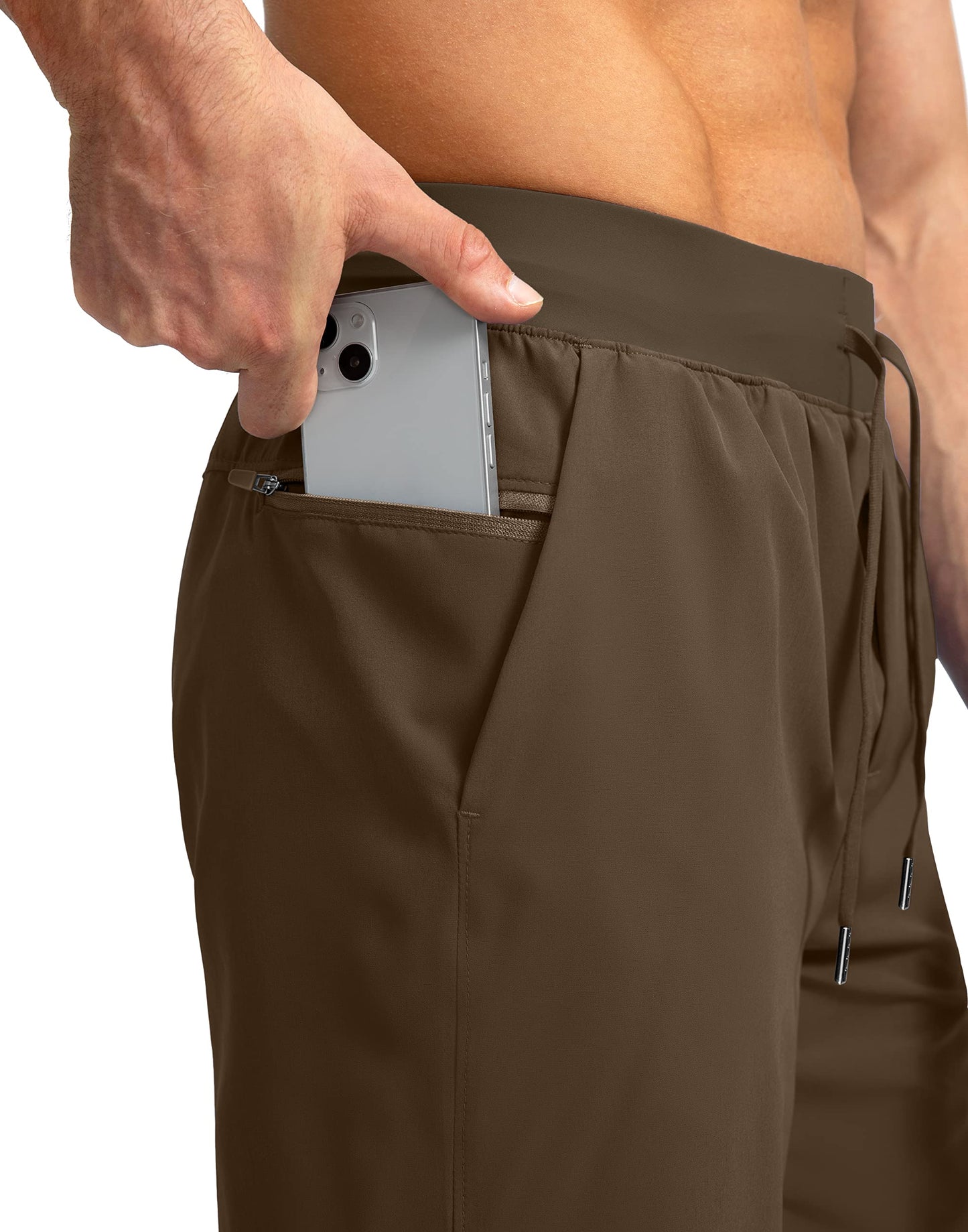 Soothfeel Men's Running Shorts with Zipper Pockets 7 Inch Lightweight Quick Dry Gym Athletic Workout Shorts for Men (Brown, XXL)