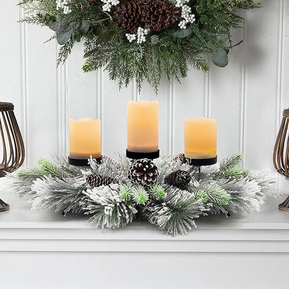 Christmas Table Centerpieces Decorations, 27.5 Inch Designed with Flocked Pine Needles, Frosted Pine Cones for Dining Table Mantel (Snowy)