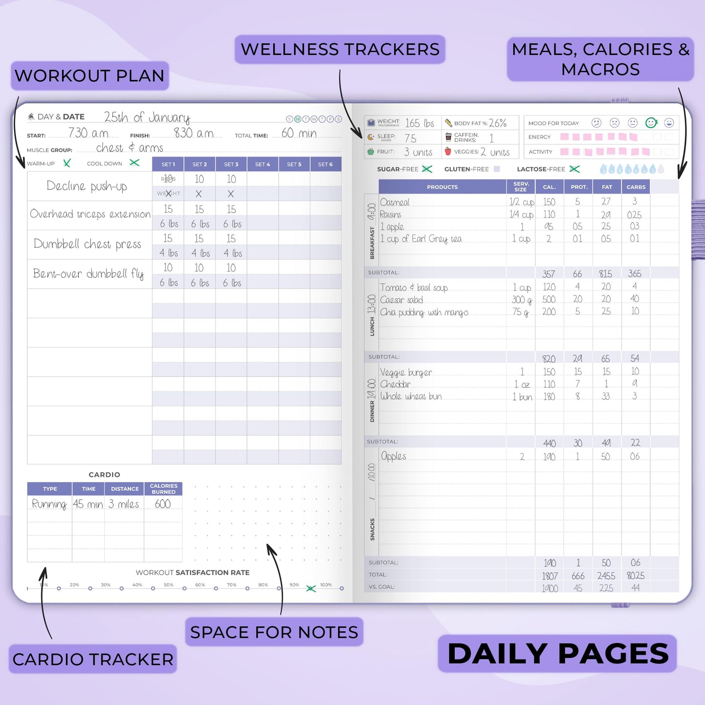 Clever Fox Fitness & Food Journal – Nutrition & Workout Planner for Women & Men – Diet & Gym Exercise Log Book with Calendars, Diet & Training Trackers - Undated, A5 Size, Hardcover (Lavender)