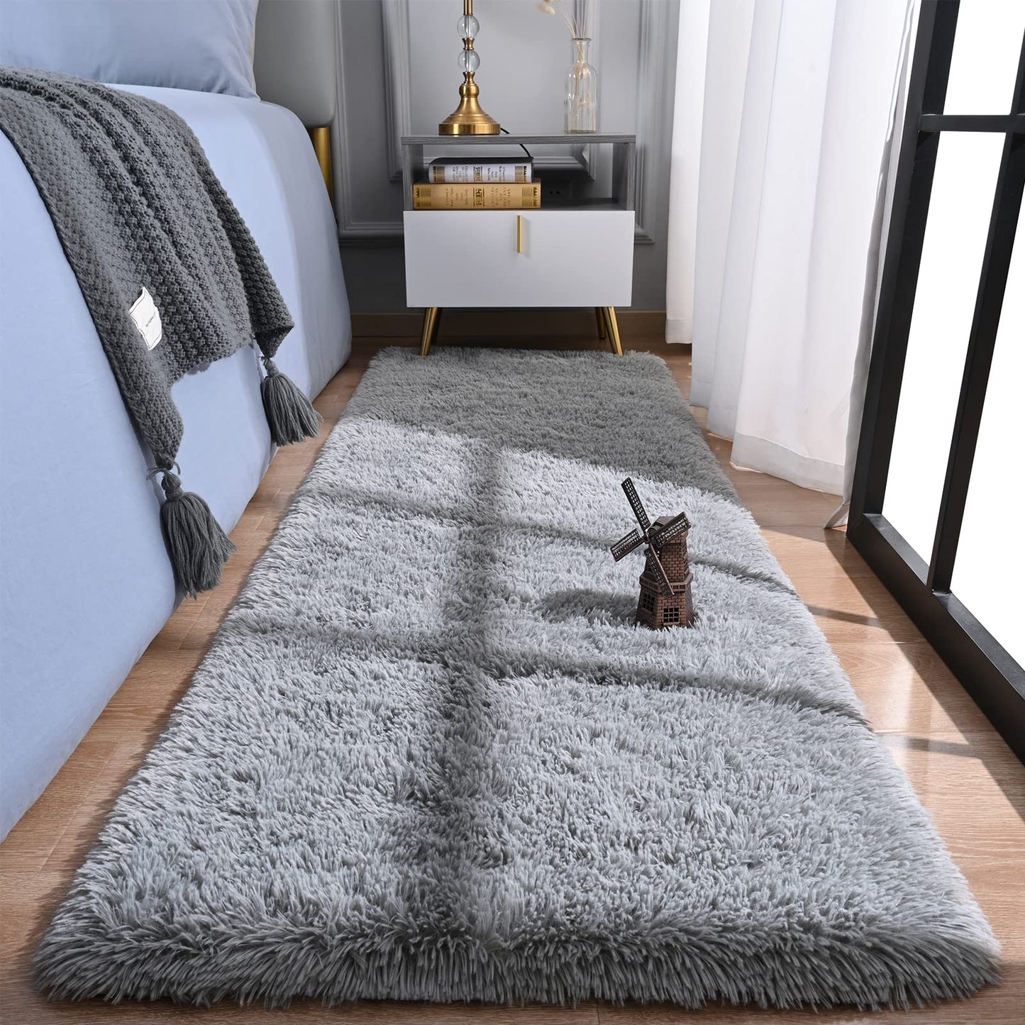 Rtizon Runner Rug for Bedroom, 2x6 Soft Shag Fluffy Area Rugs for Girls Boy's Room, Plush Shaggy Carpet with Non-Slip Bottom for Living Room Dorm, Grey