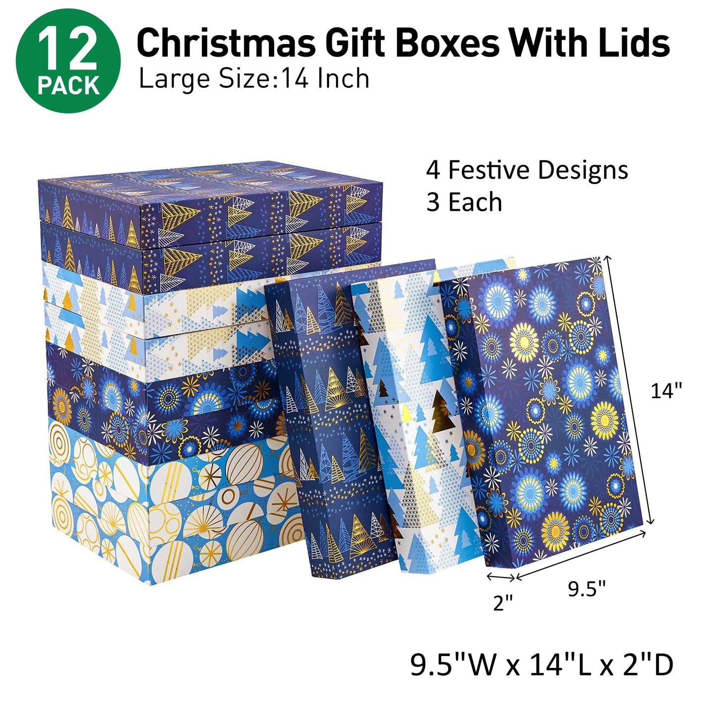 SUNCOLOR 12 Pack 14" Blue Large Christmas Gift Boxes With Lids For Clothes Presents