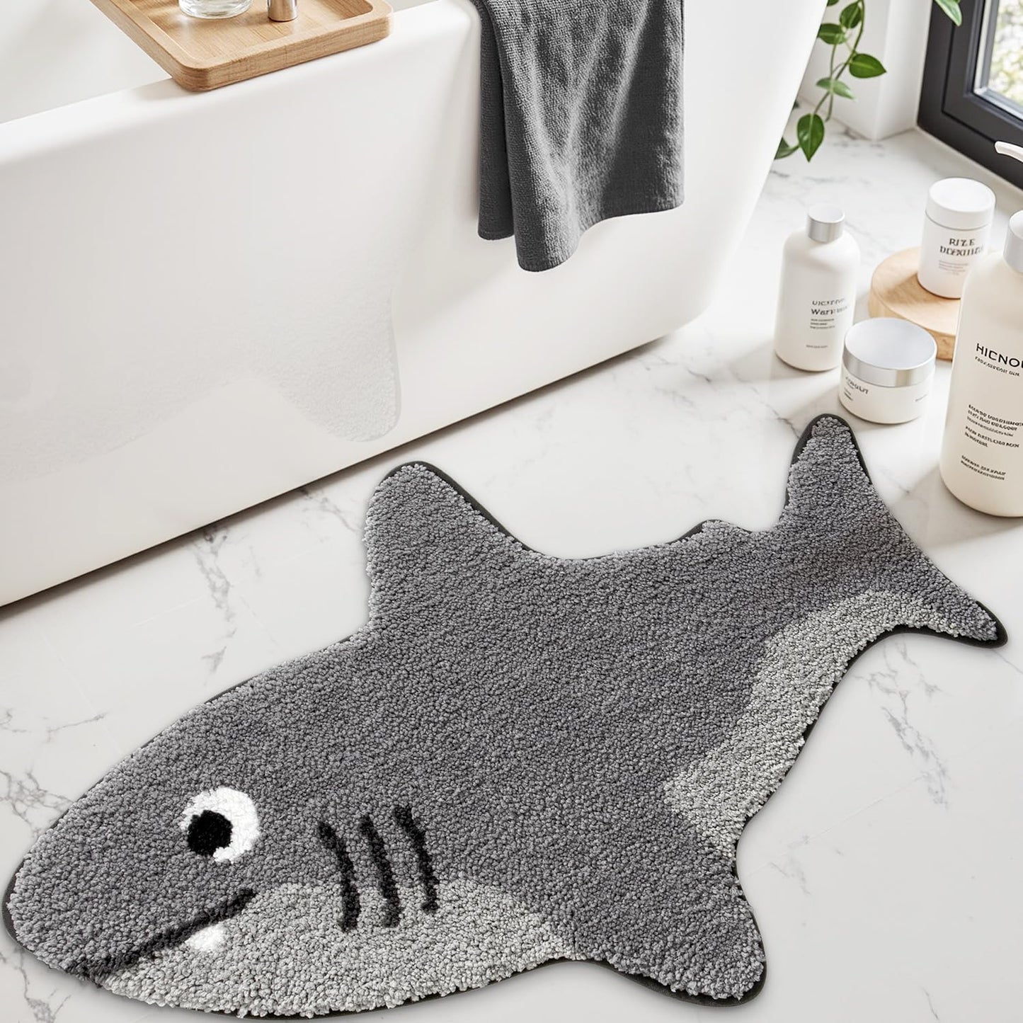 LUMI Cute Animal Bathroom Rugs, Non-Slip Backing Washable Bath Mats, Shark Shaped Absorbent Bath Rugs for Bathroom, Ideal Floor Mat for Shower Sink Bathtub Room Decor, 24"x40", Echo Shark