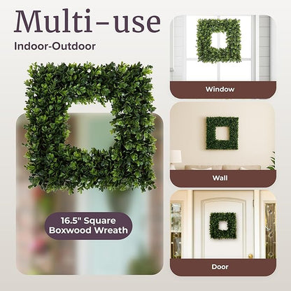 Pure Garden Boxwood Wreath - 16.5-Inch Square UV Resistant Artificial Spring, Summer, Fall or Winter Wreath - Outdoor/Indoor Wreaths for Front Door