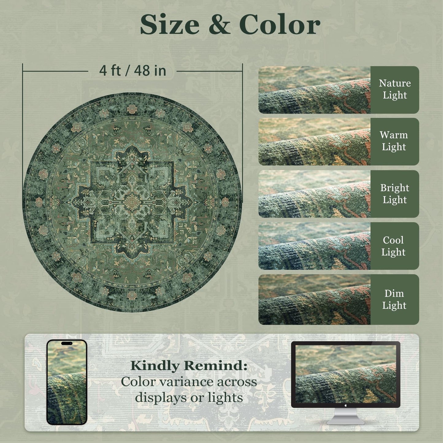 Jainmy Green Small Round Washable Rug 4ft for Entryway Low Pile, Kitchen Bathroom Circle Rug 4 Feet Non Slip Low Pile, Vintage Medallion 4 Foot Round Area Rug for Small Living Room/Dining Room/Bedroom