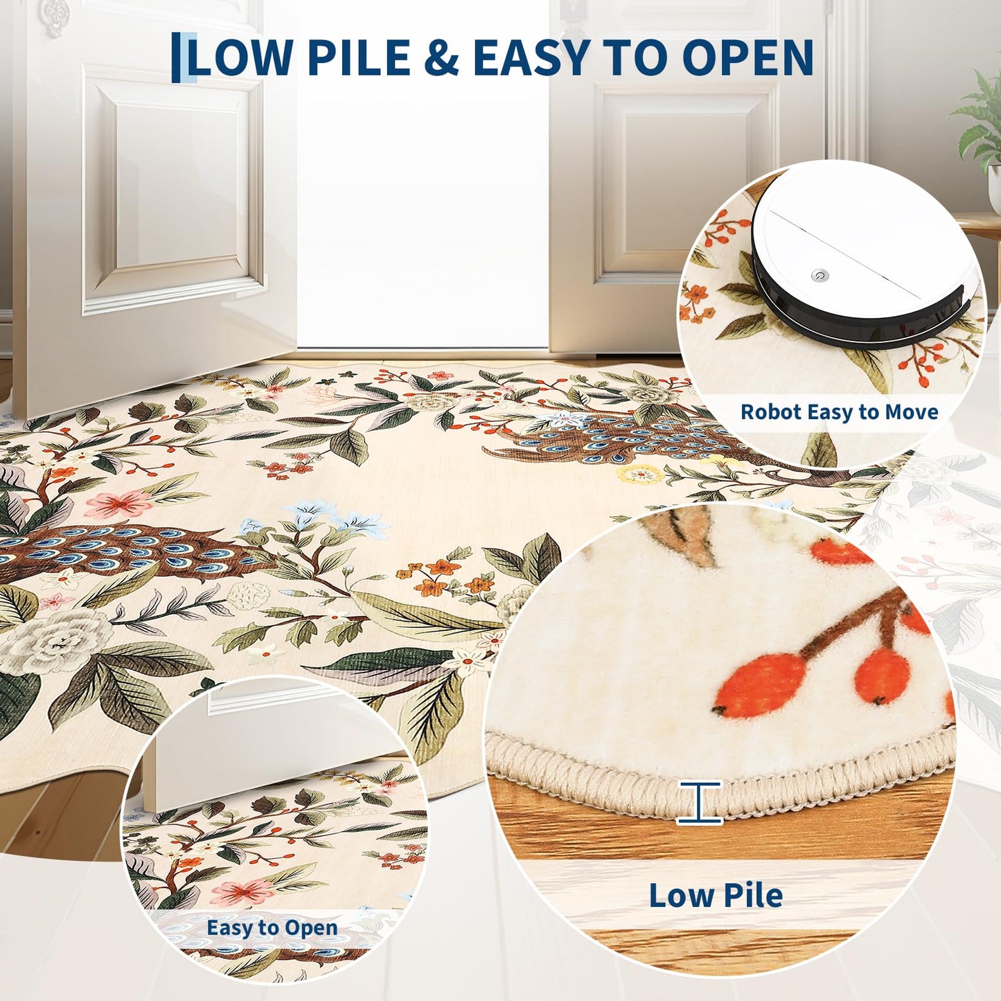 Garvee Scalloped Floral Peacock 8x10 Rug, Washable Large Non Slip Nursery Rugs Indoor Farmhouse Low Pile Area Rug for Bedroom Living Room, Ultra Thin Botanical Home Decor Carpet Mat, Beige