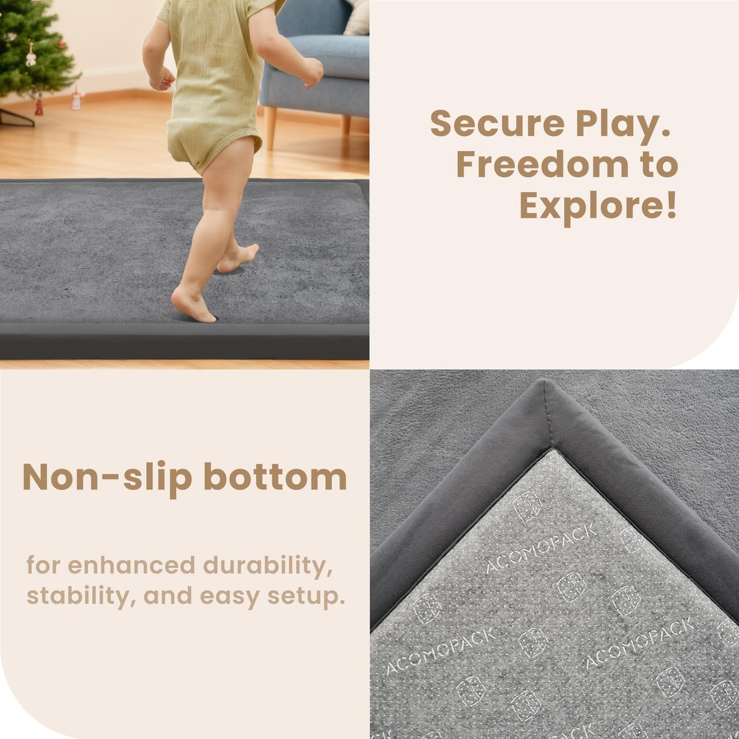 ACOMOPACK Baby Play Mat for Floor,1.3" Thick Elasti-Foam 59"×71" Non-Slip Water Repellent,Non-Toxic Playpen Mat for Infants Toddlers Kids, Ultra Soft Coral Velvet for Tummy Time Crawling（Dark Grey）