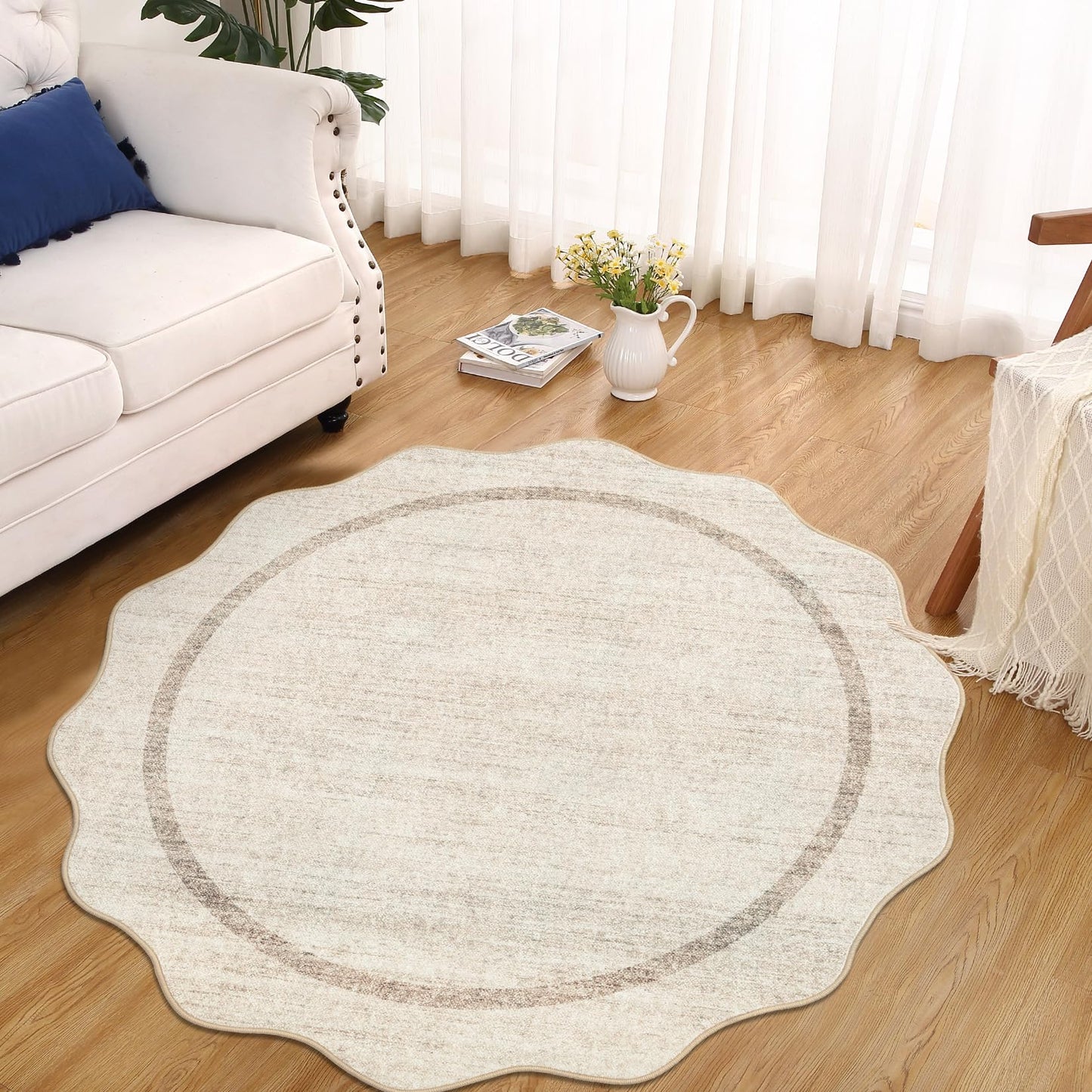 GarveeHome Scalloped Round Washable Rug, Soft Modern Round Rugs 5 ft Circle Carpets for Bedroom Ultra-Thin, Boho Beige Print Distressed Circular Carpet for Living Room Dorm Bedside, Beige