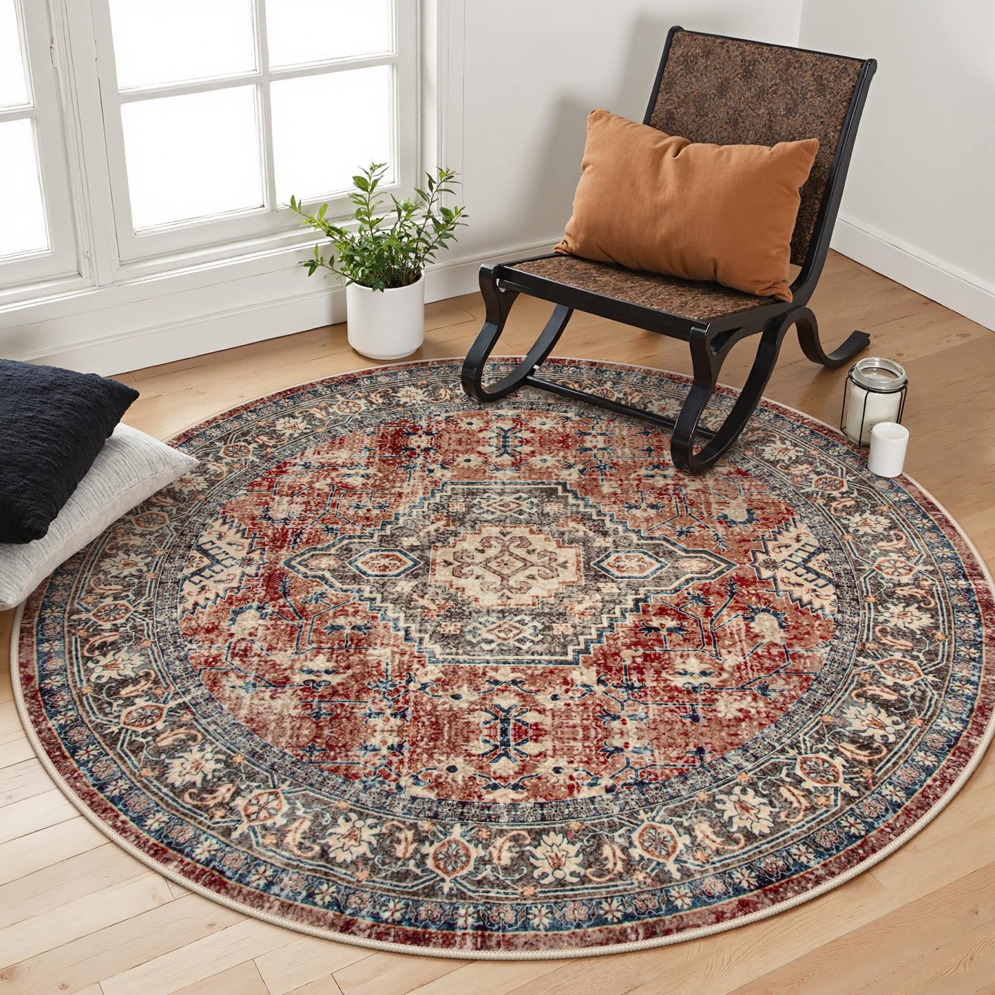 Lahome Oriental Washable Round Area Rug, Non-Slip Round Rugs 6ft Ultra-Thin, Soft Large Throw Circle Carpet for Living Room Bedroom Kitchen Nursery Eleanor, Brick Red