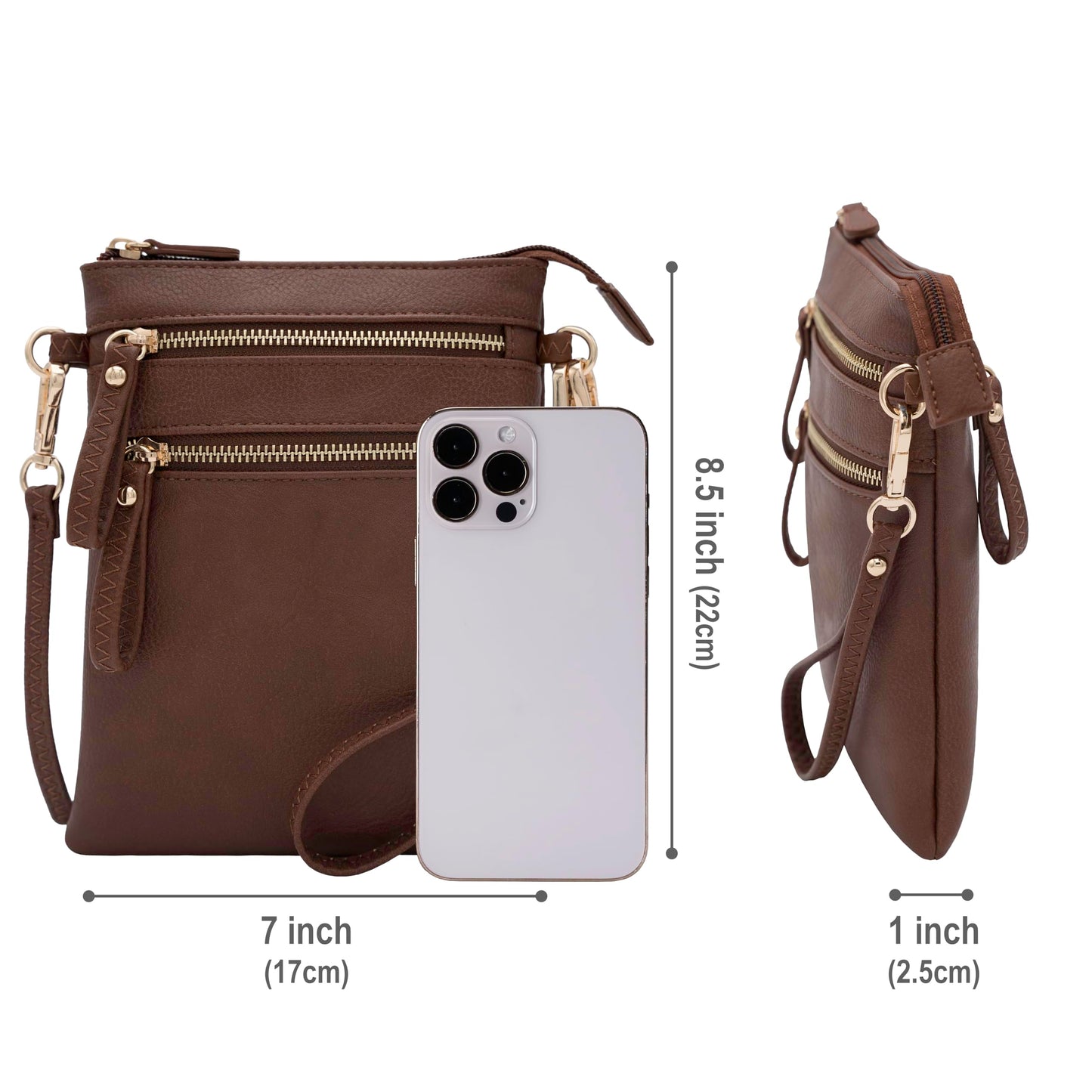 Solene Women's Faux Leather Organizer Multi Zipper Pockets Handbag With Detachable Wristlet Crossbody Bag-WU002(Coffee)
