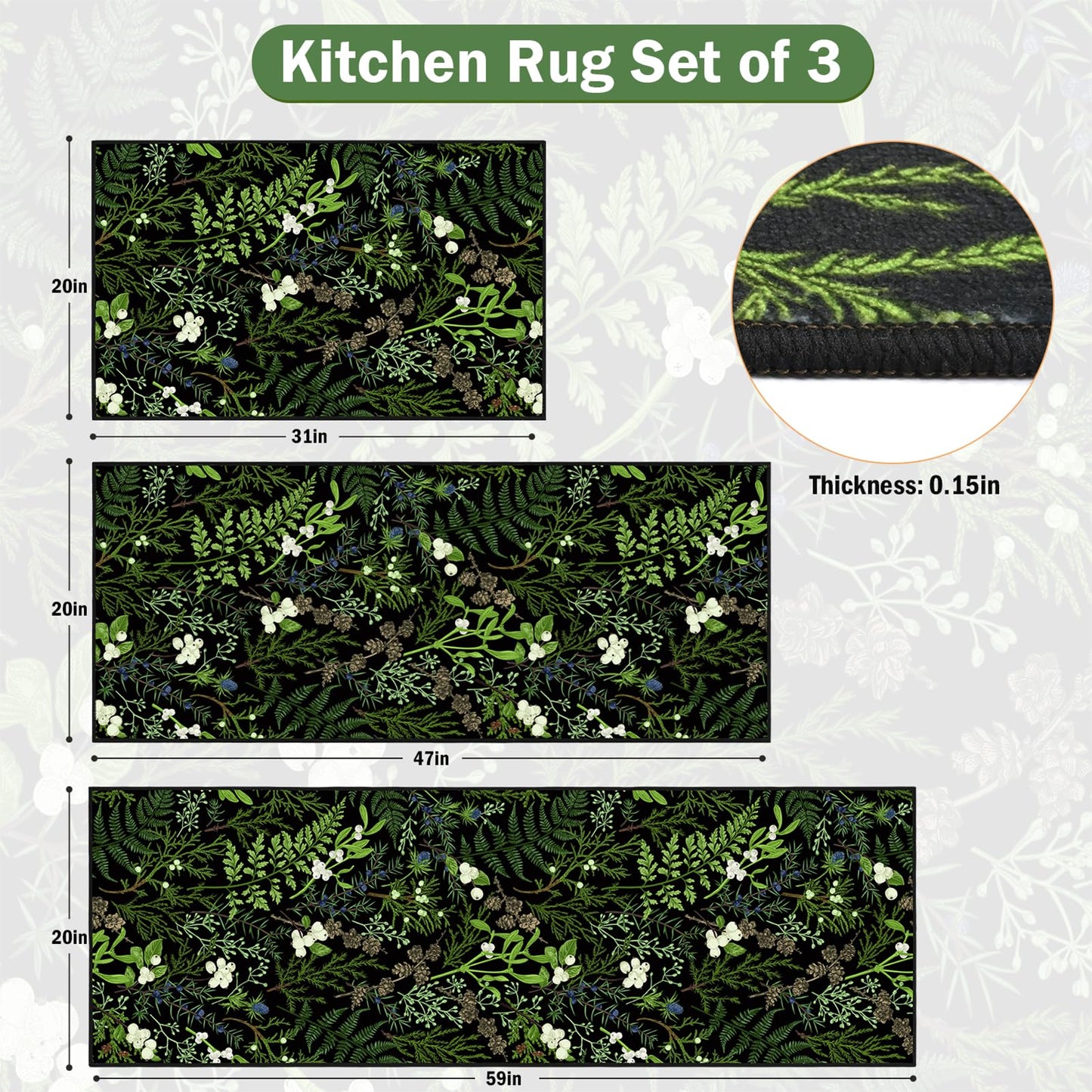 PCSWEET HOME Black Botanical Kitchen Rug Sets 3 Piece, Washable Kitchen Mats for Floor Non Slip Durable Kitchen Floor Mat Carpet Runner Rugs for Hallway Laundry Room