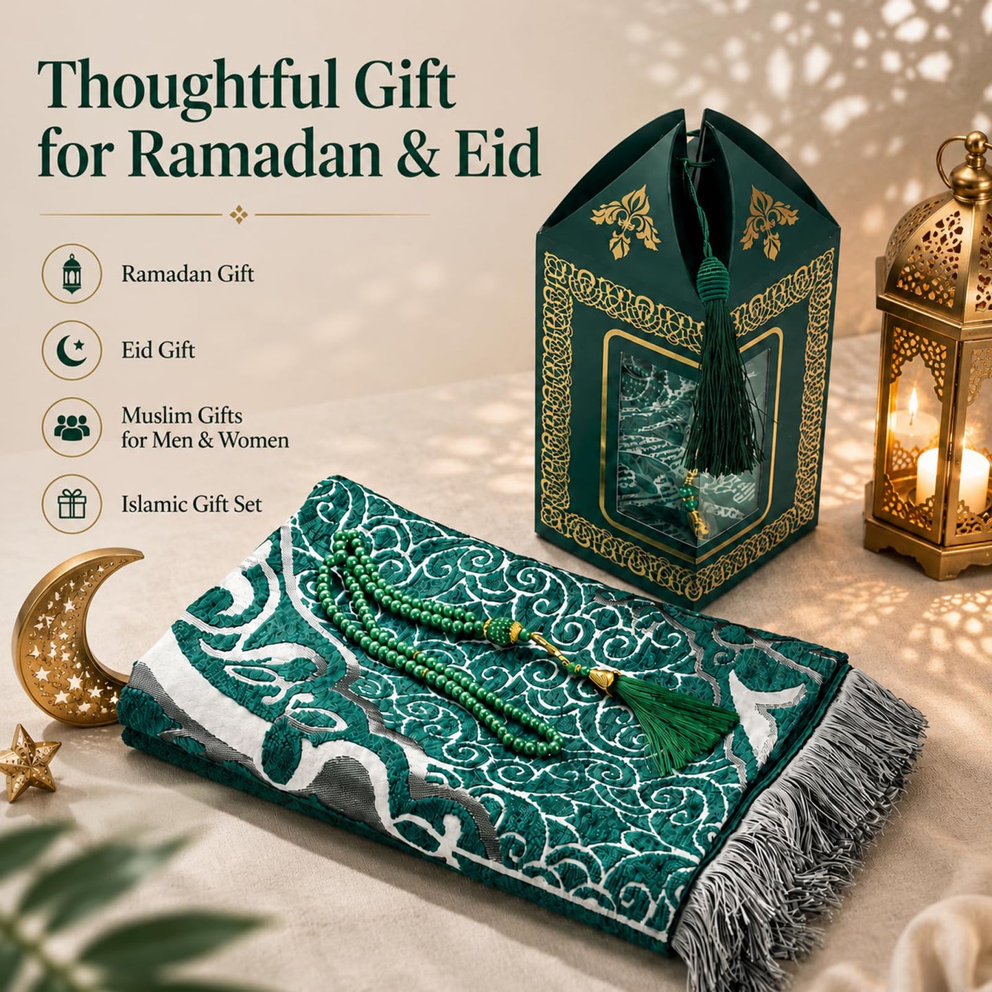 Shine123 Muslim Prayer Rug with 99-Bead Tasbih, Soft Islamic Prayer Mat Sajadah for Daily Salah, Ramadan Eid Gifts for Men Women, Foldable Janamaz Prayer Rug