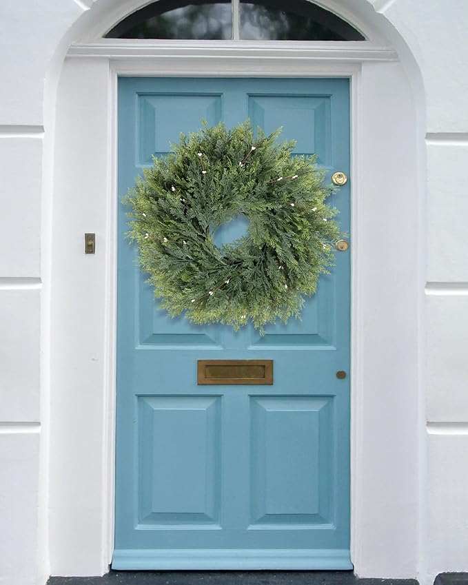 Home Decor Greenery Faux Cypress Plant, Large Front Door Wreath with 6PACK Artificial White Berry Fruit, 22inch Green Wild Wreath