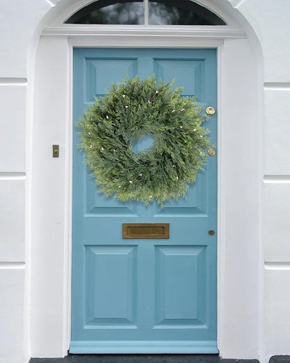 Home Decor Greenery Faux Cypress Plant, Large Front Door Wreath with 6PACK Artificial White Berry Fruit, 22inch Green Wild Wreath