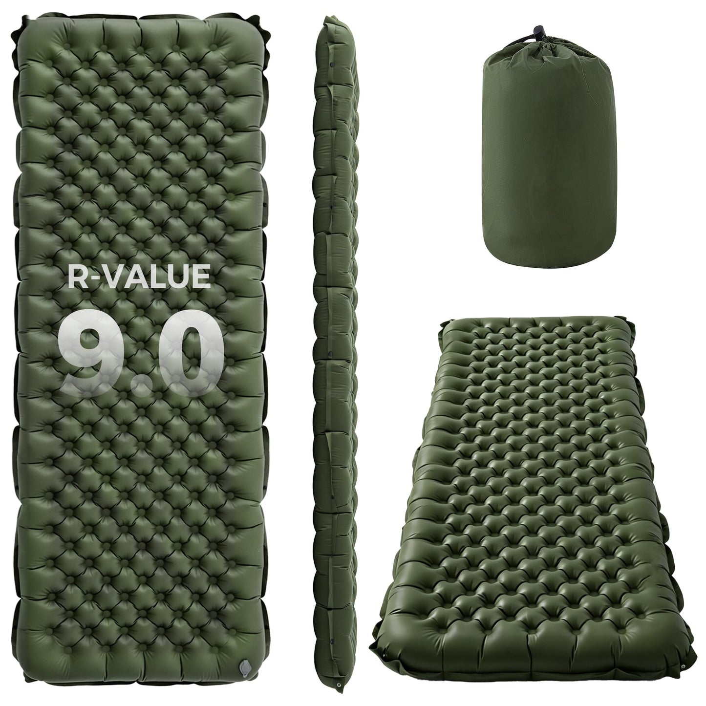 Asrug Camping Insulated Sleeping Pad with 9.0 R-Value for All Season Portable 4" Thick Camping Mattress Pad for Outdoor Hiking Tent Ultralight Backpacking Inflatable Sleeping Mat(Green)