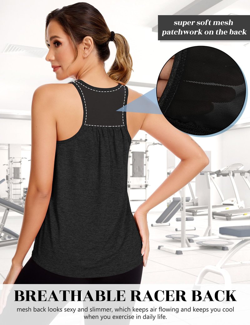 SLIMBELLE Mesh Racer Back Tank Tops Womens Gym Yoga Athletic Workout Tops Round Neck Sleeveless Loose Fit Cami with Built in Bra Black 3XL