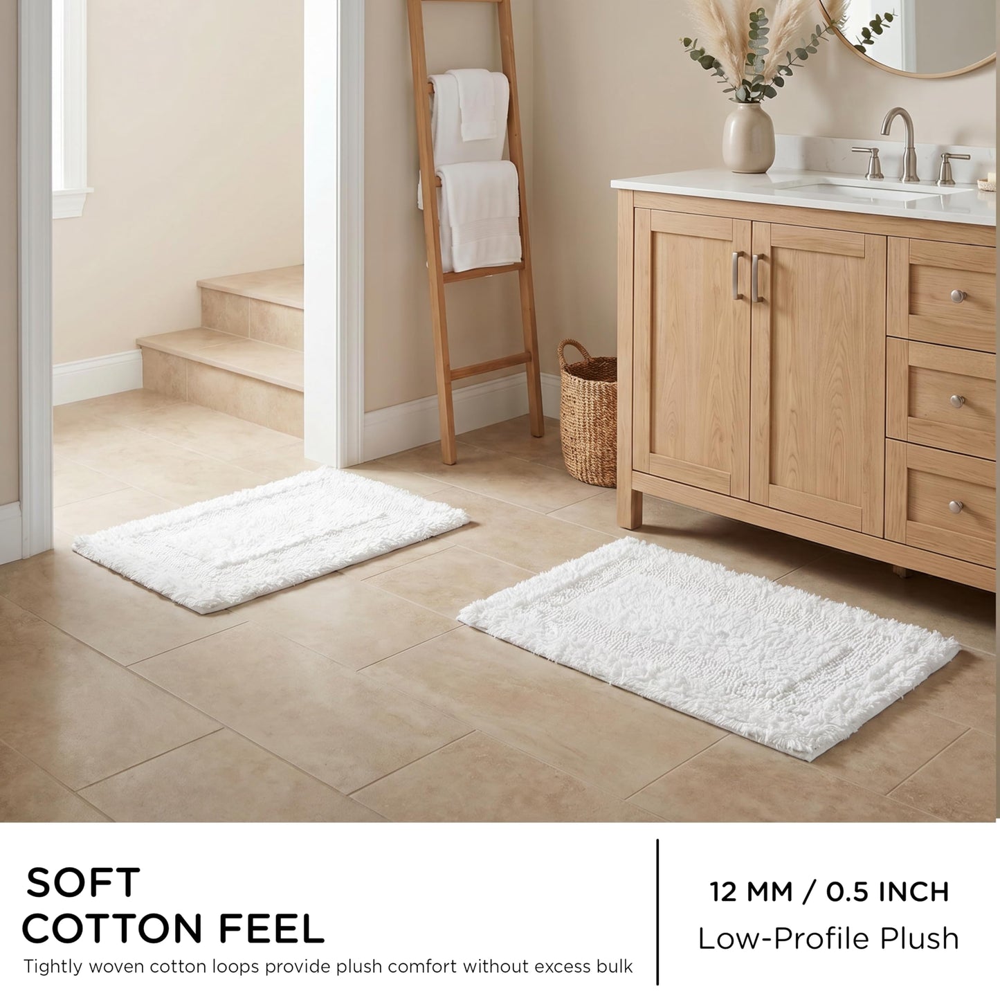 Cotton Reversible Bathmat Set of 2, 17x24 Inches - White, Super Soft Quick Dry Washable Bath Rugs Ideal for Bathroom, Kitchen, Vanity, Shower Area | Plush Soft Spa Style Hotel Quality Floor Mat