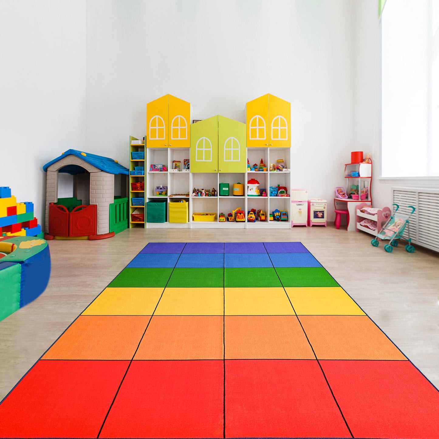 Boooooom Jackson Classroom Rug - 7'6''x13'12'' Vibrant Rainbow Preschool Classroom Carpet with Seating Squares, Non-Slip & No-Trip Edges, Vibrant Colors for Kids Playroom Floor Mat