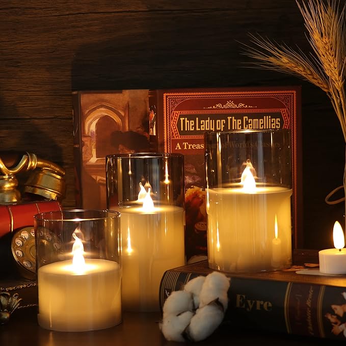 GenSwin Gray Glass Battery Operated Flameless Led Candles with 10-Key Remote and Timer, Real Wax Candles Warm White Flickering Light for Home Decoration(Set of 3)