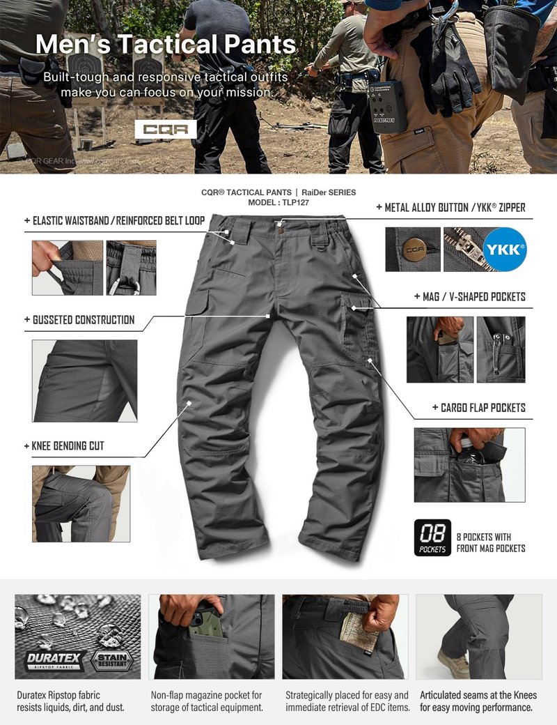 CQR Men's Tactical Pants, Water Resistant Ripstop Cargo Pants, Lightweight EDC Work Hiking Pants, Outdoor Apparel, Raider Mag Pocket Charcoal, 34W x 32L