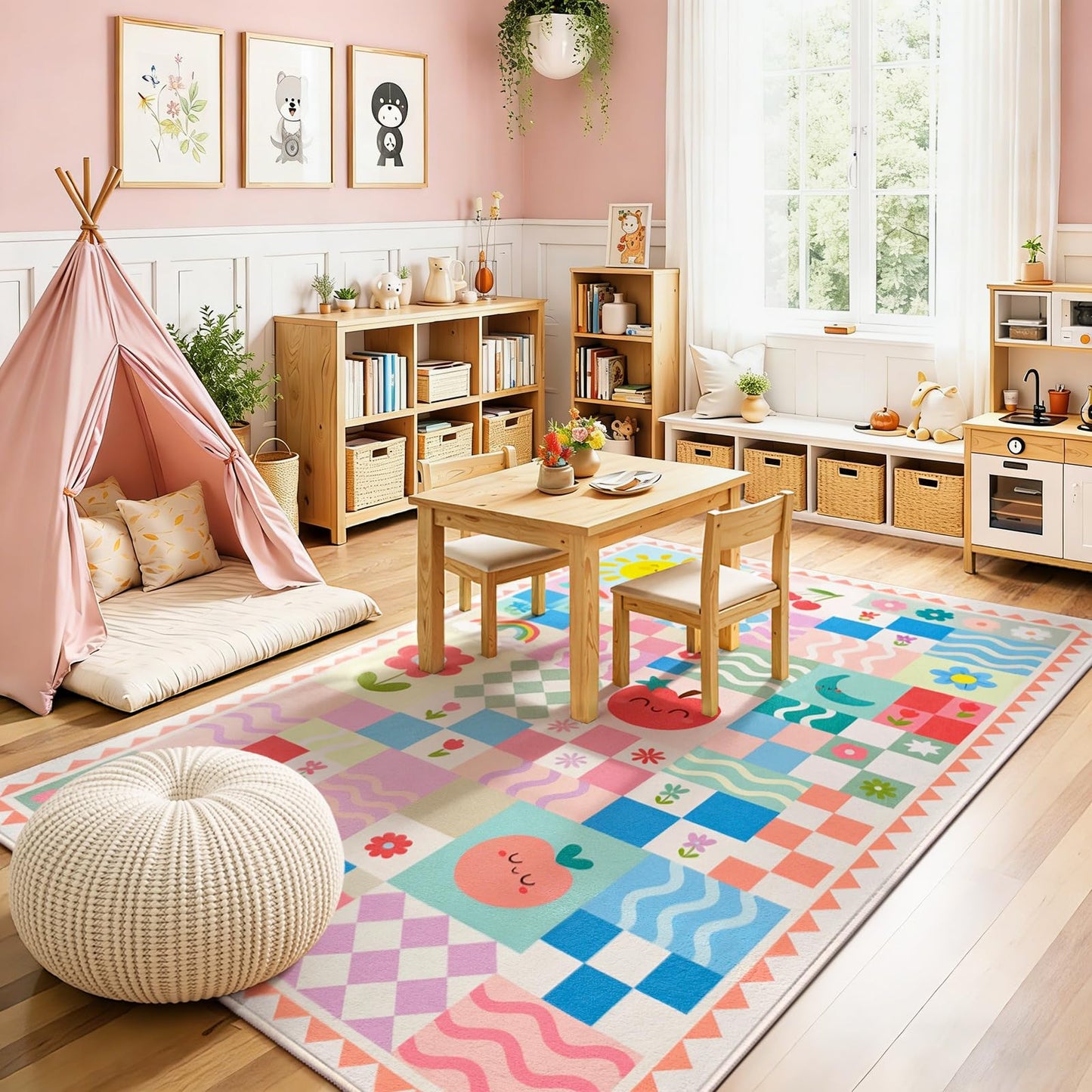 3x5 Washable Kid Bedroom Rug for Girls, Pink Baby Nursery Area Rug, Soft Non-Slip Toddler Playroom Carpet, Cute Colorful Strawberry Fruit Rainbow Checkered