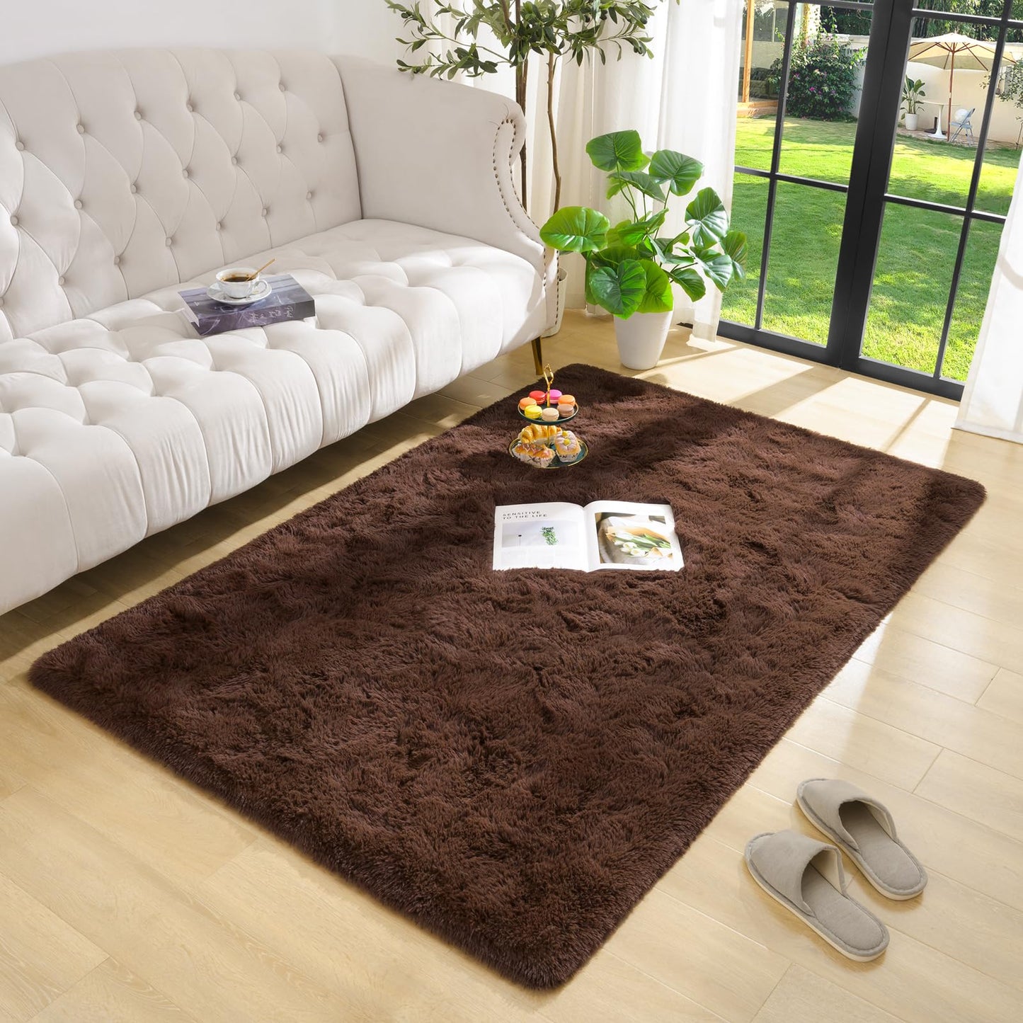 DETUM Fluffy Area Rug Coffee 4x6 for Bedroom Soft Living Room Rug Large Washable and Nonslip Carpets Modern Home Decoration